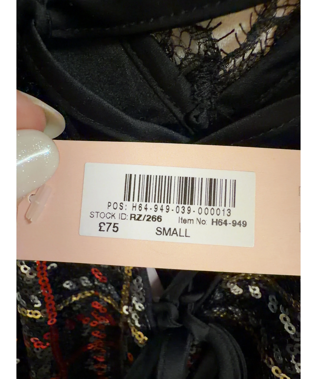 VICTORIA'S SECRET Black Sequin Tartan Short Slip Dress, size UK S — label