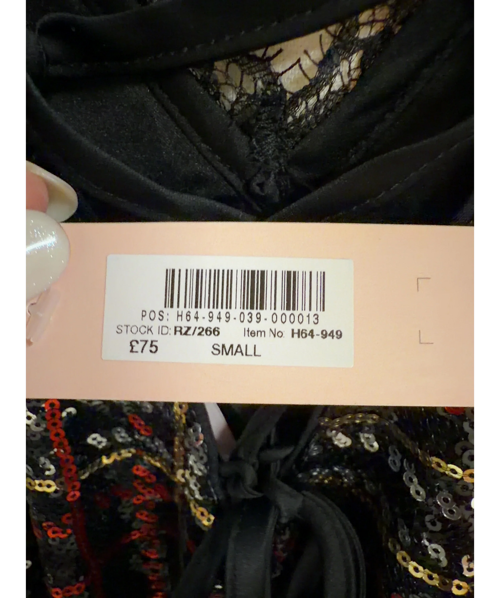 VICTORIA'S SECRET Black Sequin Tartan Short Slip Dress, size UK S — care label
