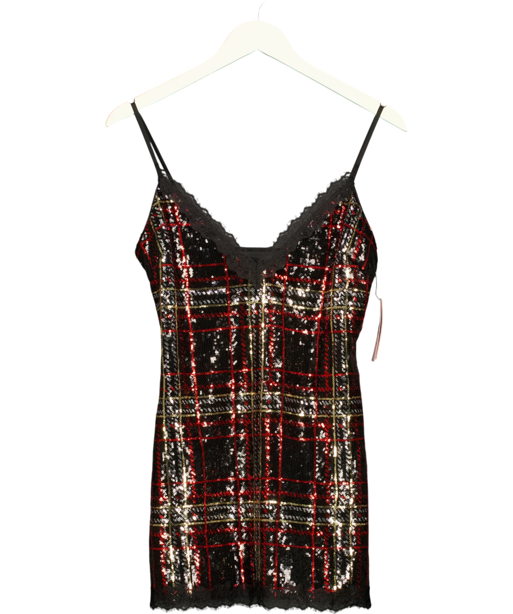 VICTORIA'S SECRET Black Sequin Tartan Short Slip Dress, size UK S — front