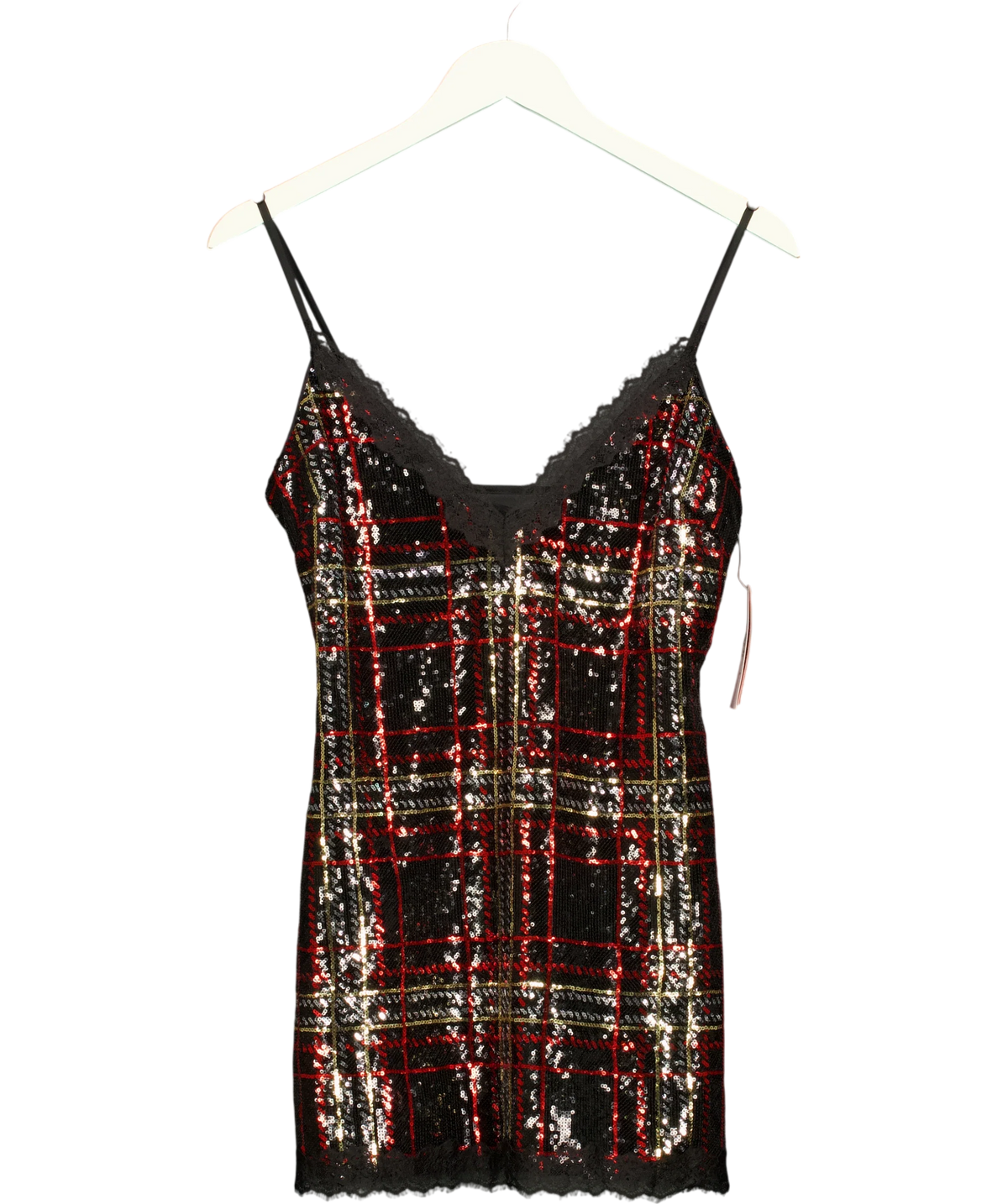 VICTORIA'S SECRET Black Sequin Tartan Short Slip Dress, size UK S — front