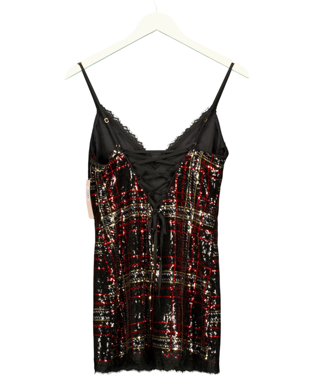 VICTORIA'S SECRET Black Sequin Tartan Short Slip Dress, size UK S — back