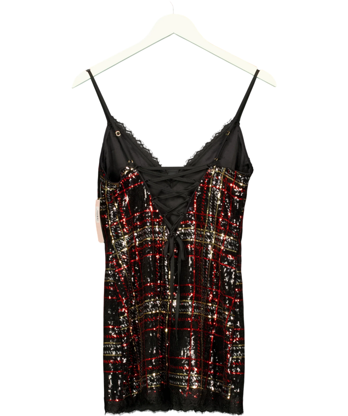 VICTORIA'S SECRET Black Sequin Tartan Short Slip Dress, size UK S — back
