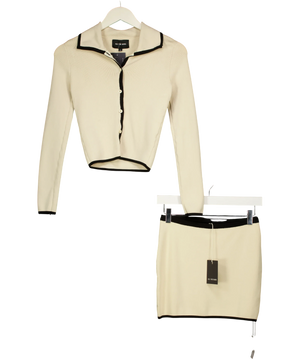 All The Ways 2-piece Contrast Piping Knit Beige Skirt And Cardigan Set UK S