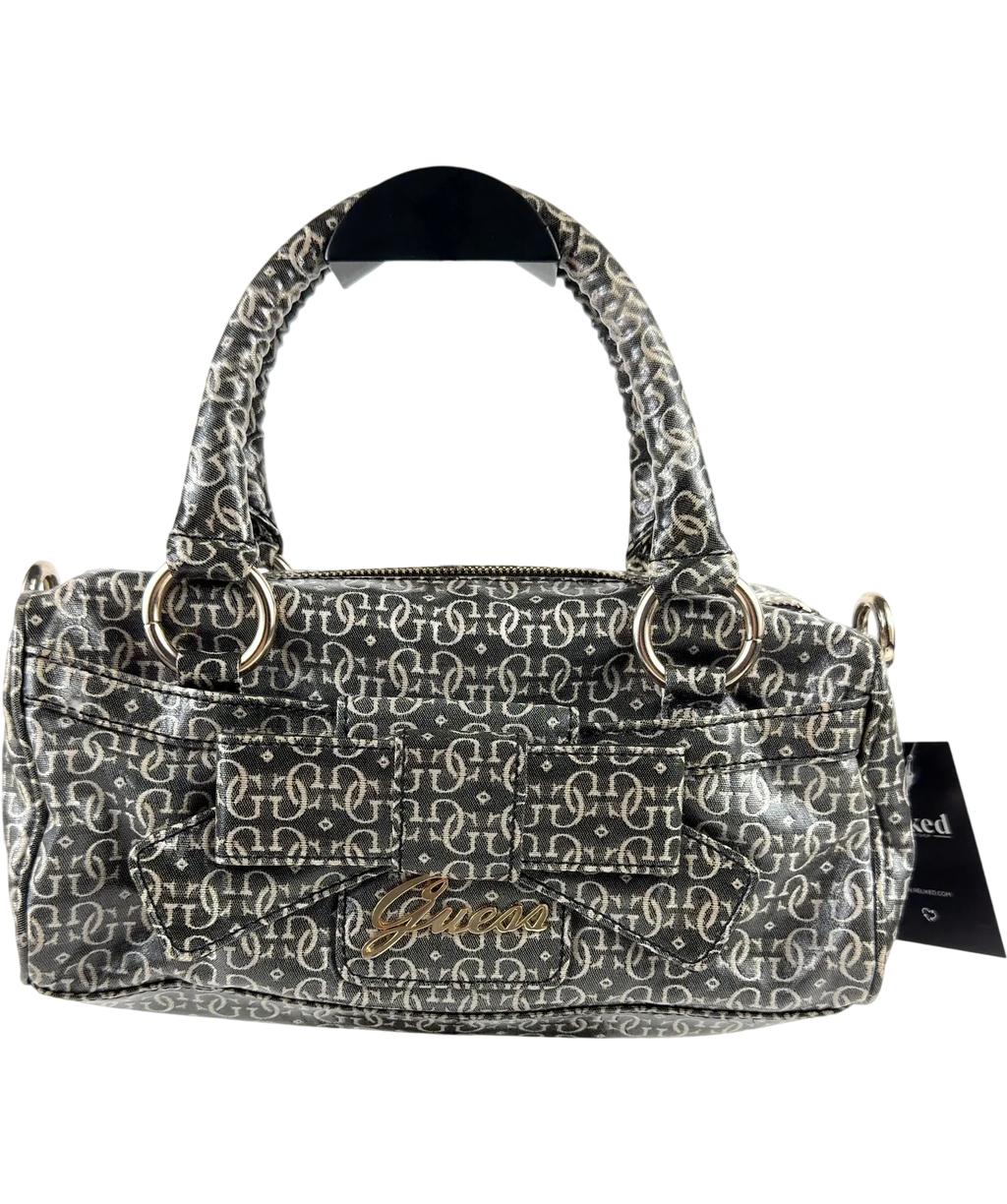 Guess Black Monogram Satchel: Charcoal Black Top Handle Bag with Bow Accent — front