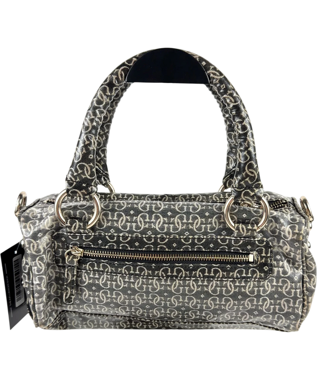 Guess Black Monogram Satchel: Charcoal Black Top Handle Bag with Bow Accent — back