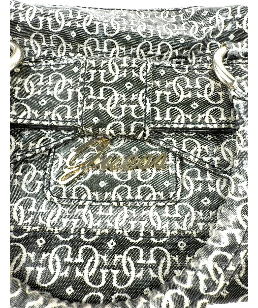 Guess Black Monogram Satchel: Charcoal Black Top Handle Bag with Bow Accent — detail