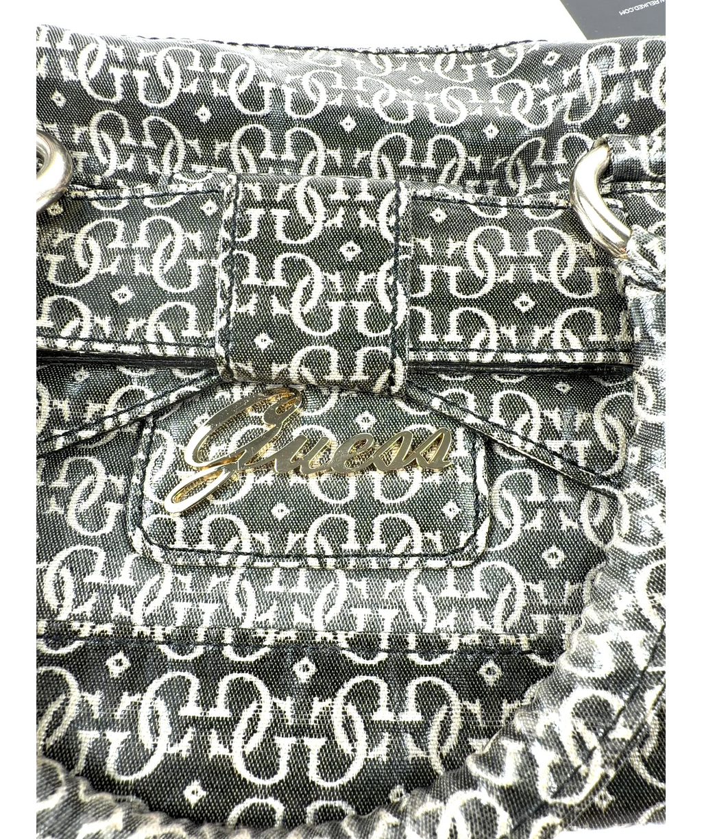 Guess Black Monogram Satchel: Charcoal Black Top Handle Bag with Bow Accent — label