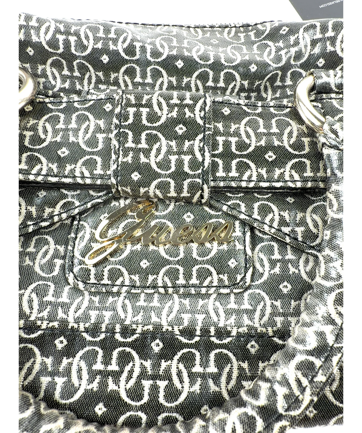 Guess Black Monogram Satchel: Charcoal Black Top Handle Bag with Bow Accent — label