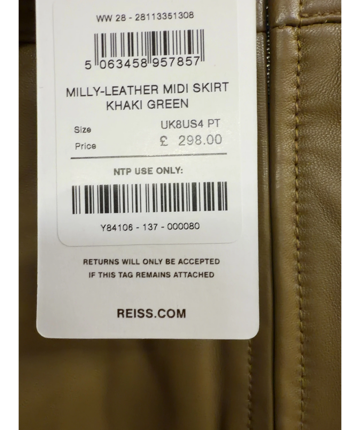 REISS Green Milly Leather Midi Skirt, size UK 8 — label