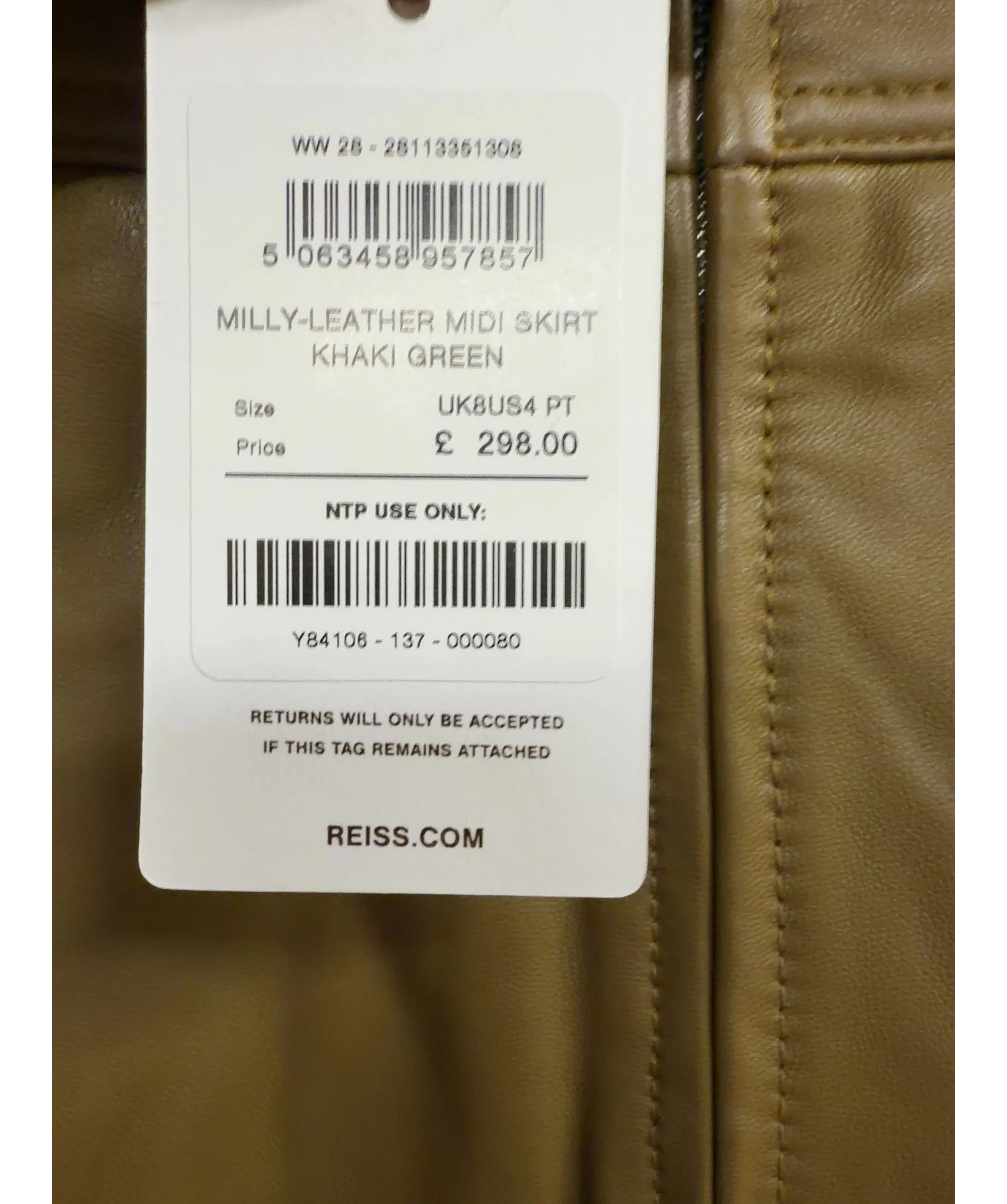 REISS Green Milly Leather Midi Skirt, size UK 8 — care label