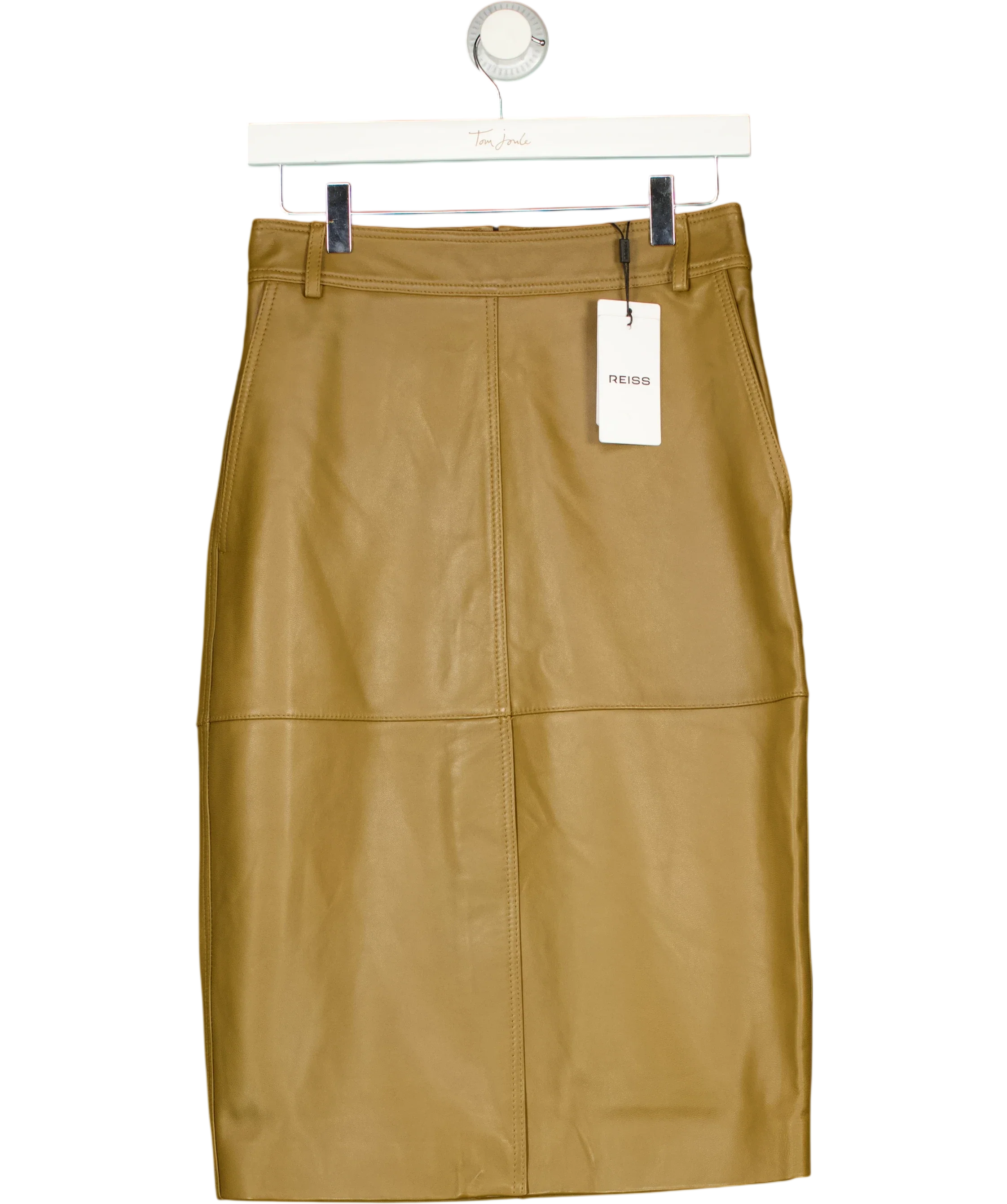 REISS Green Milly Leather Midi Skirt, size UK 8 — front