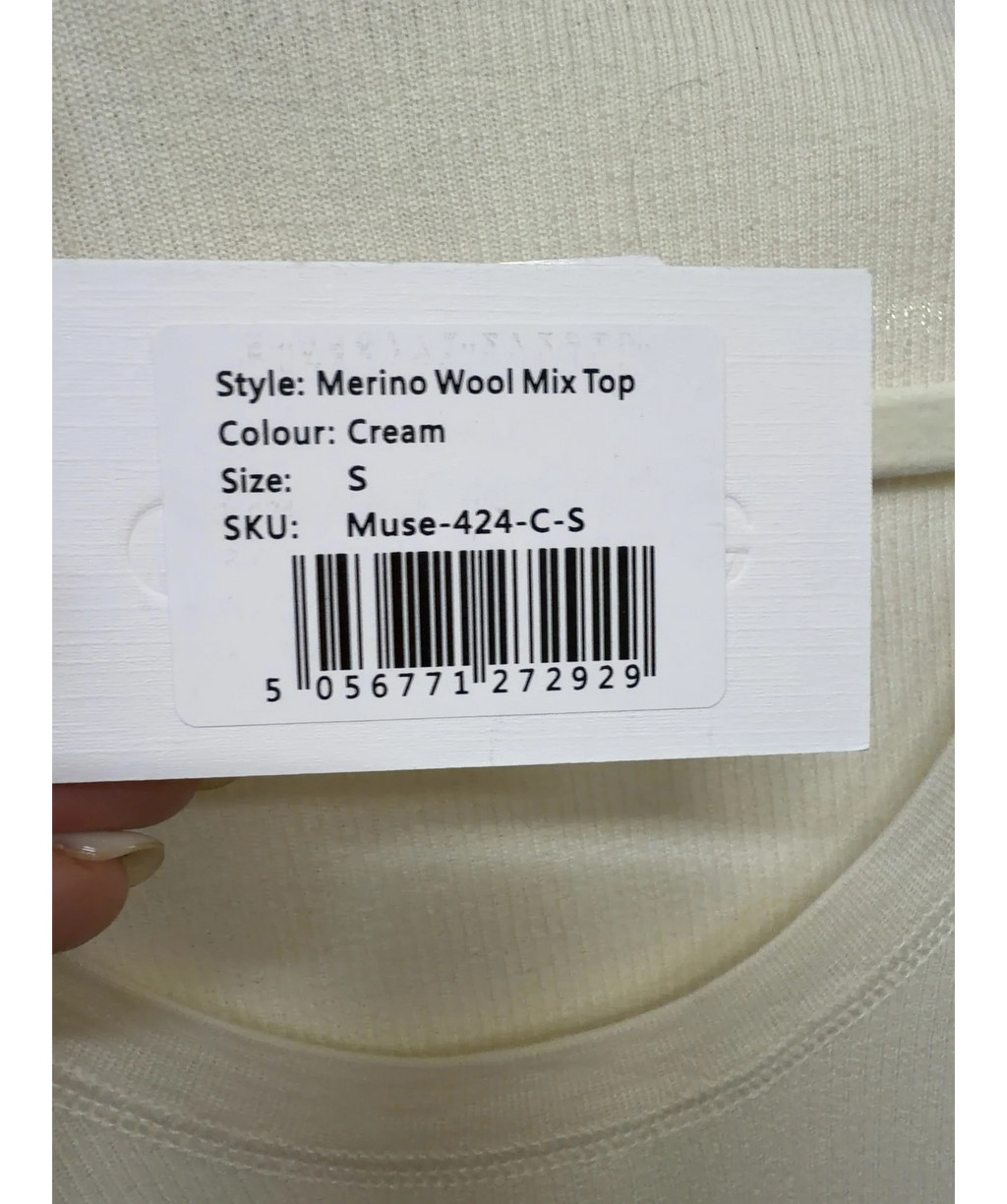 ODD MUSE Cream Merino Wool Top, size UK S — care label