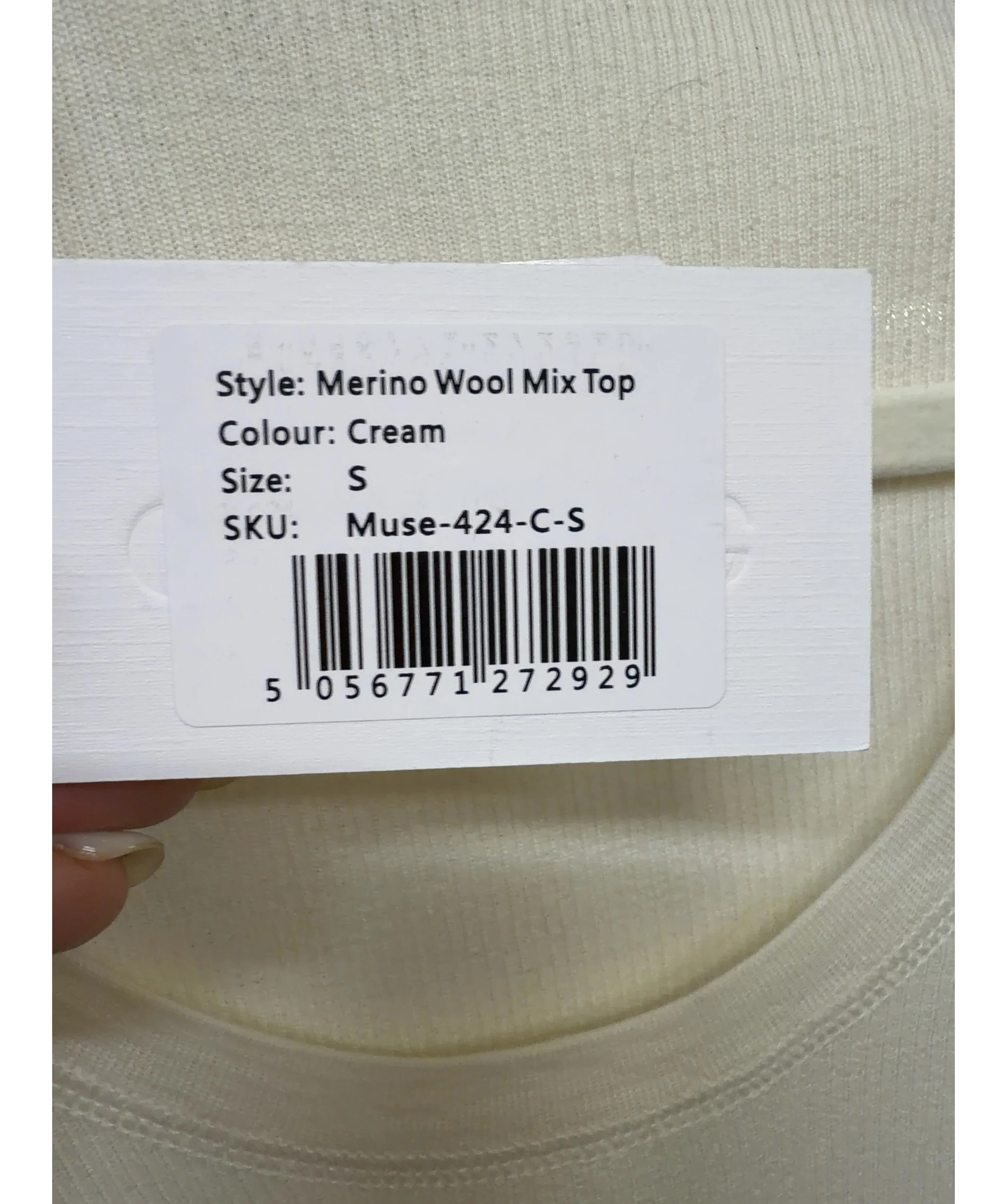 ODD MUSE Cream Merino Wool Top, size UK S — care label