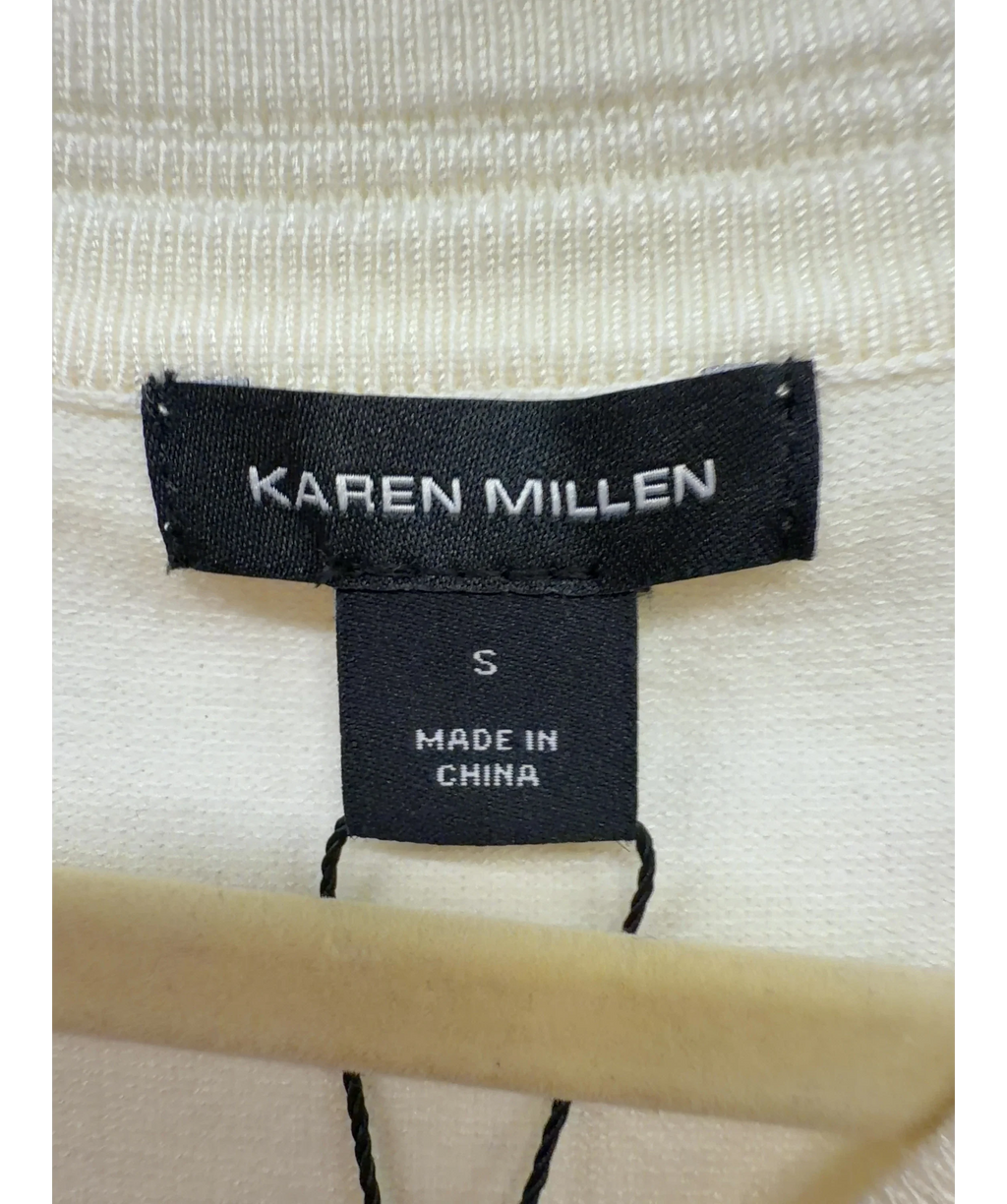 KAREN MILLEN Cream Forever Viscose Blend Knitted Stitch Detail V-Neck Long Sleeve Jumper, size UK S — detail