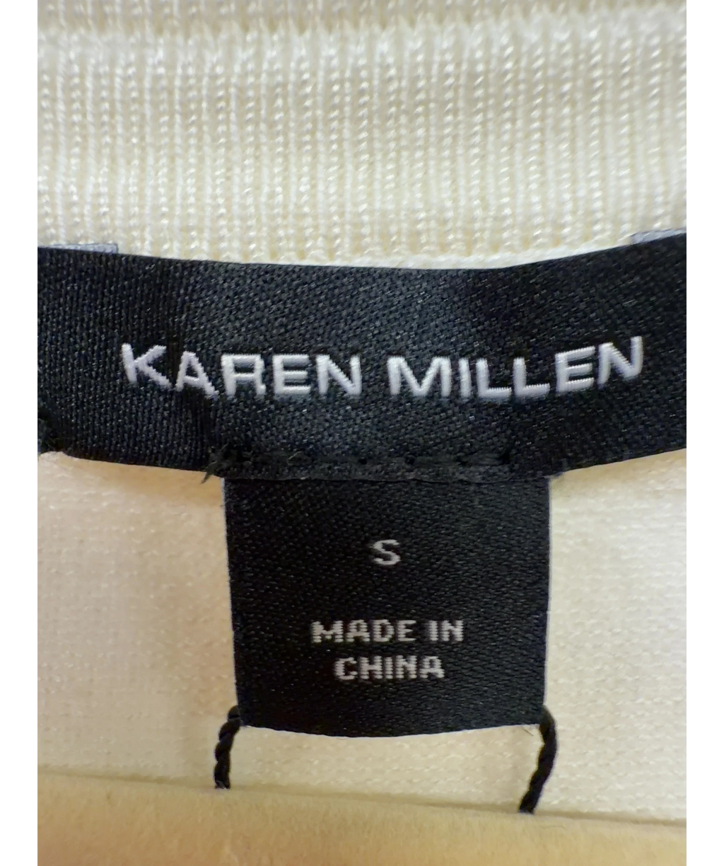 KAREN MILLEN Cream Forever Viscose Blend Knitted Stitch Detail V-Neck Long Sleeve Jumper, size UK S — care label