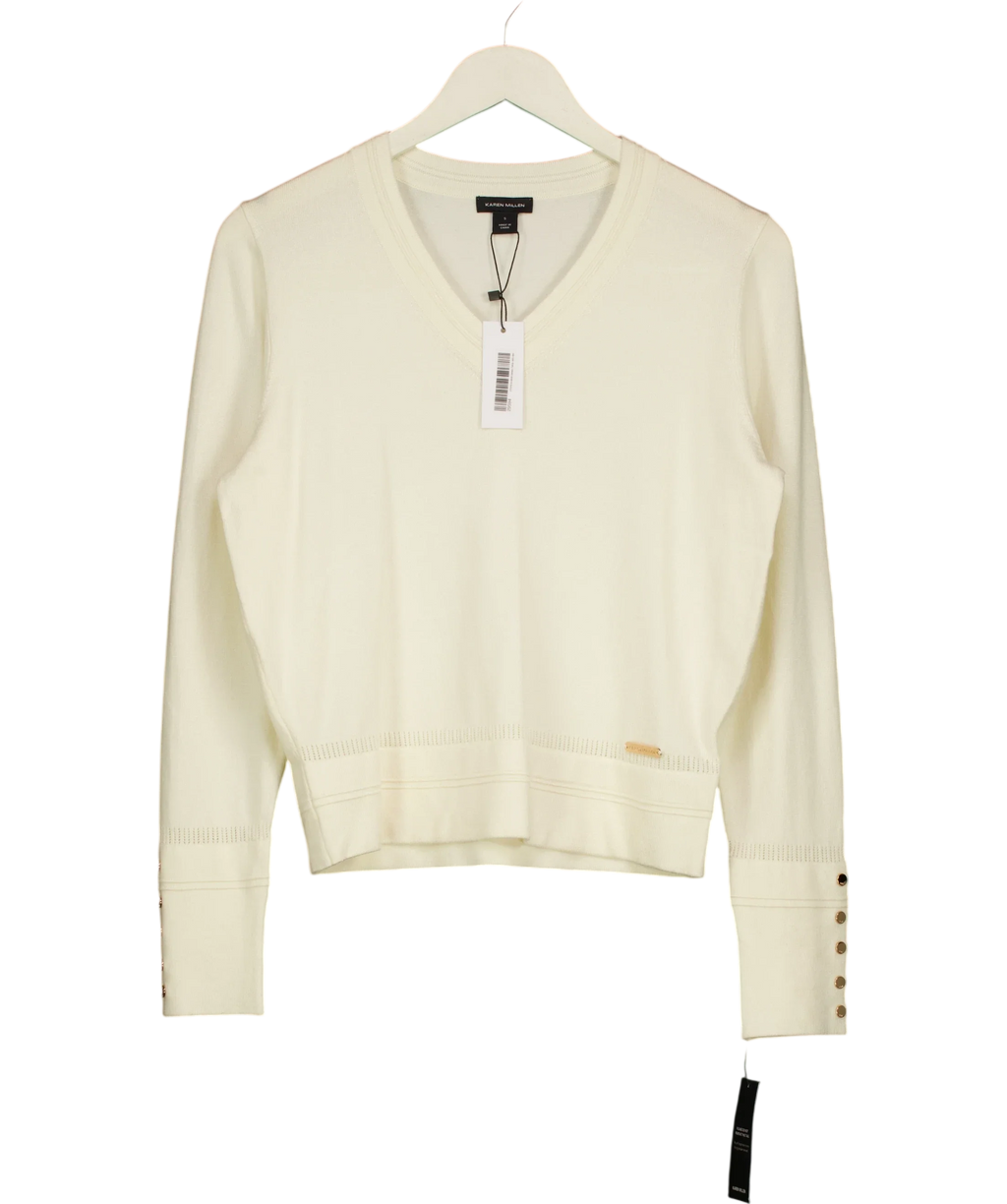 KAREN MILLEN Cream Forever Viscose Blend Knitted Stitch Detail V-Neck Long Sleeve Jumper, size UK S — front