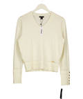 KAREN MILLEN Cream Forever Viscose Blend Knitted Stitch Detail V-Neck Long Sleeve Jumper, size UK S — front