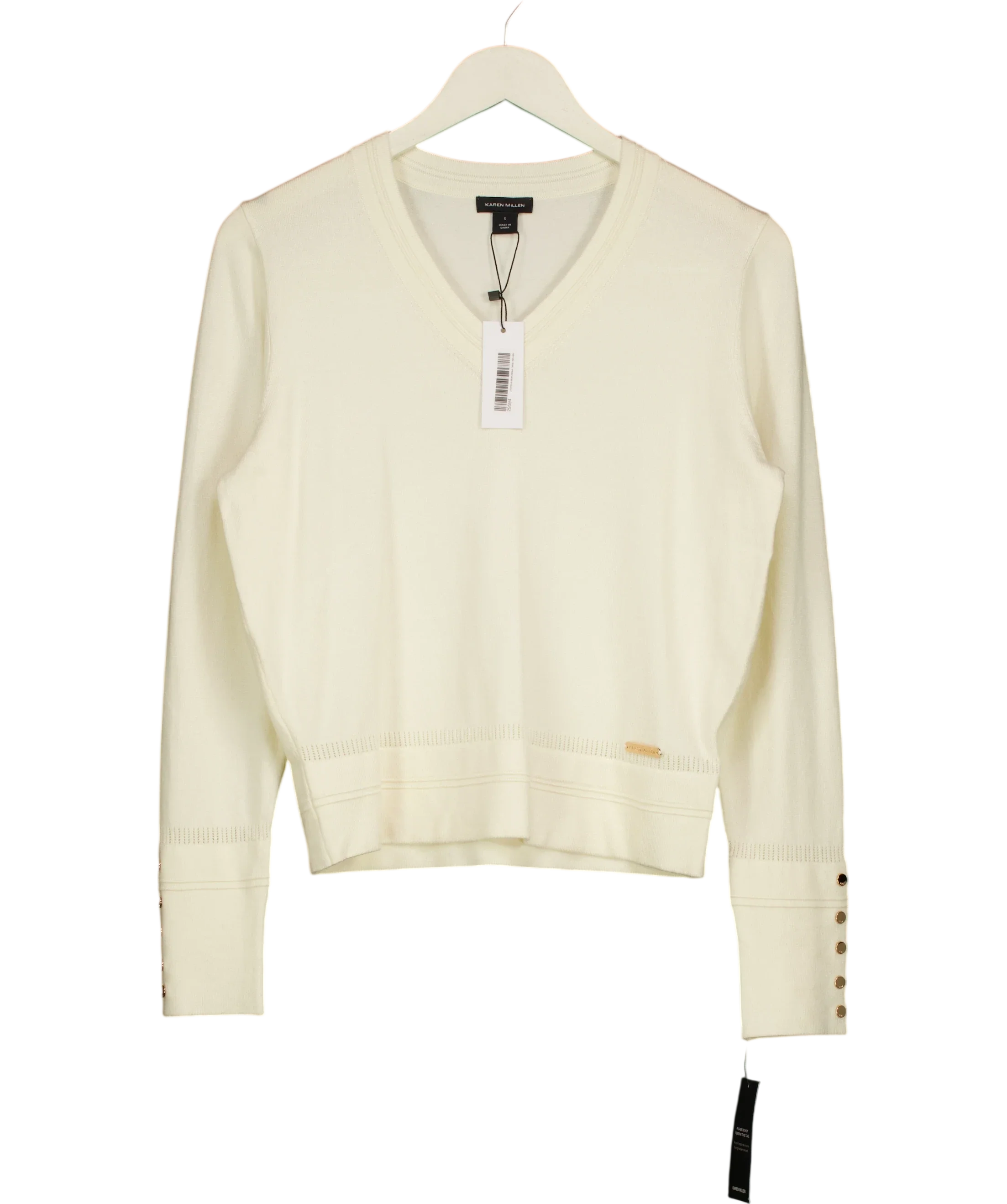 KAREN MILLEN Cream Forever Viscose Blend Knitted Stitch Detail V-Neck Long Sleeve Jumper, size UK S — front