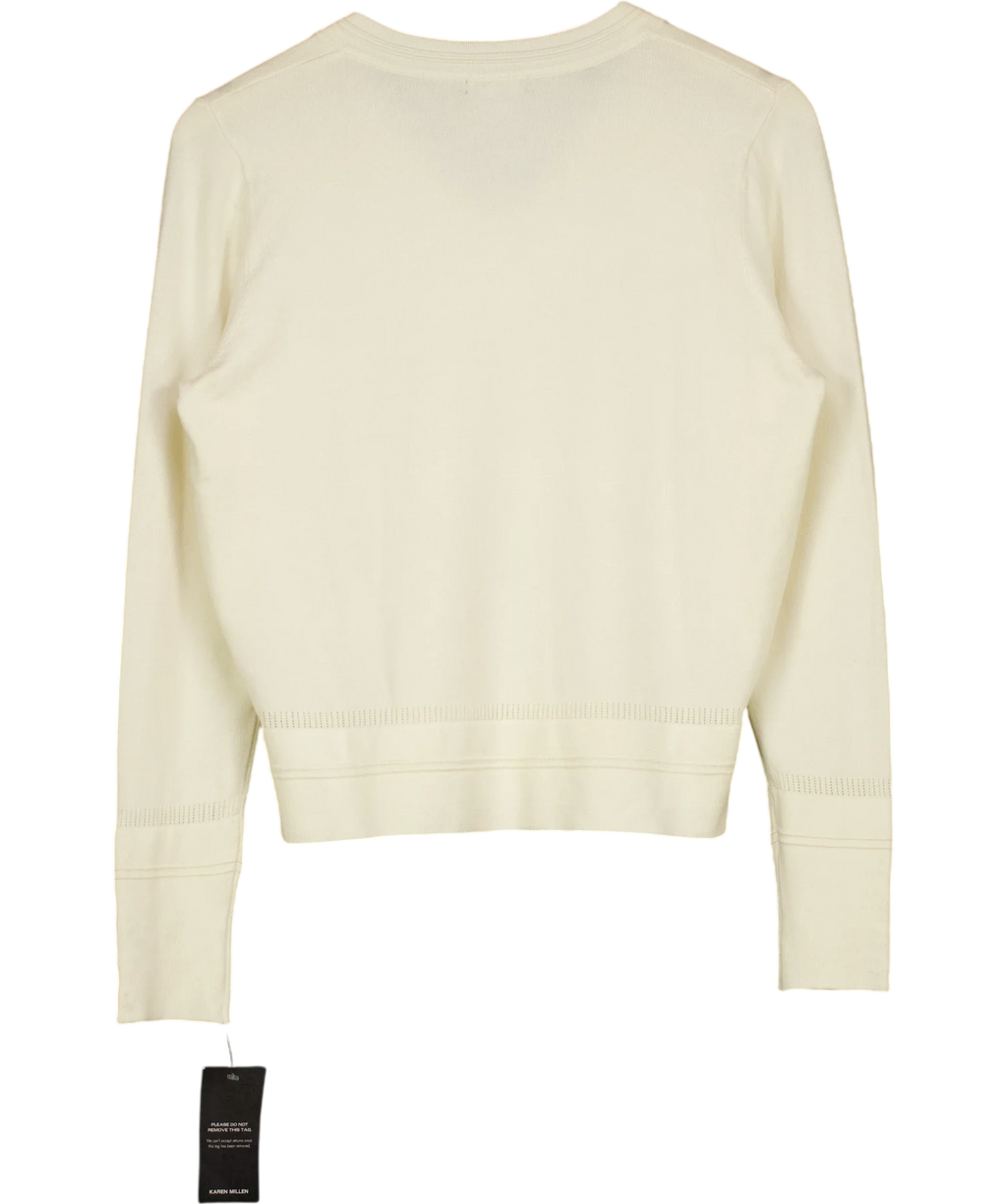 KAREN MILLEN Cream Forever Viscose Blend Knitted Stitch Detail V-Neck Long Sleeve Jumper, size UK S — back