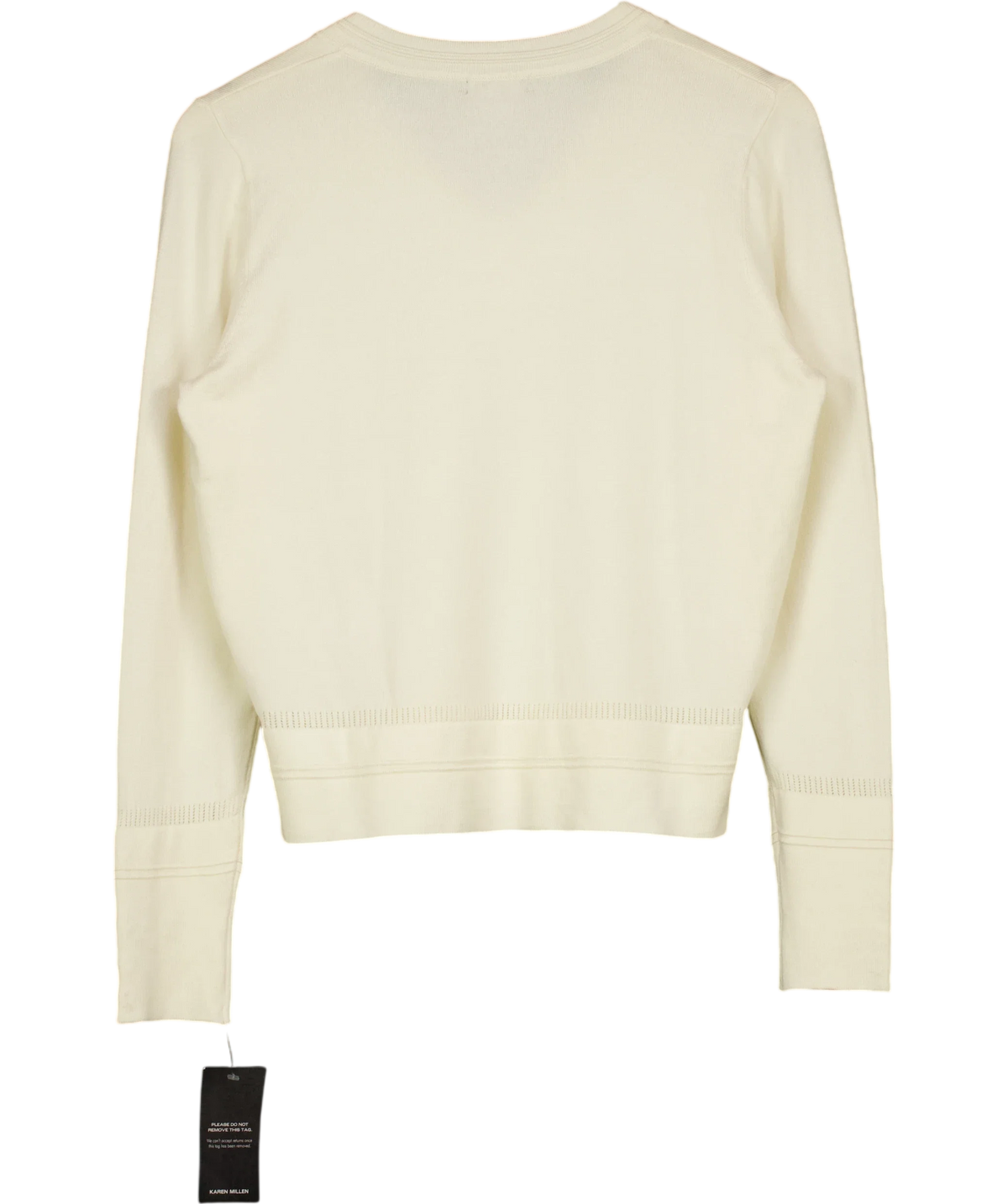 KAREN MILLEN Cream Forever Viscose Blend Knitted Stitch Detail V-Neck Long Sleeve Jumper, size UK S — back
