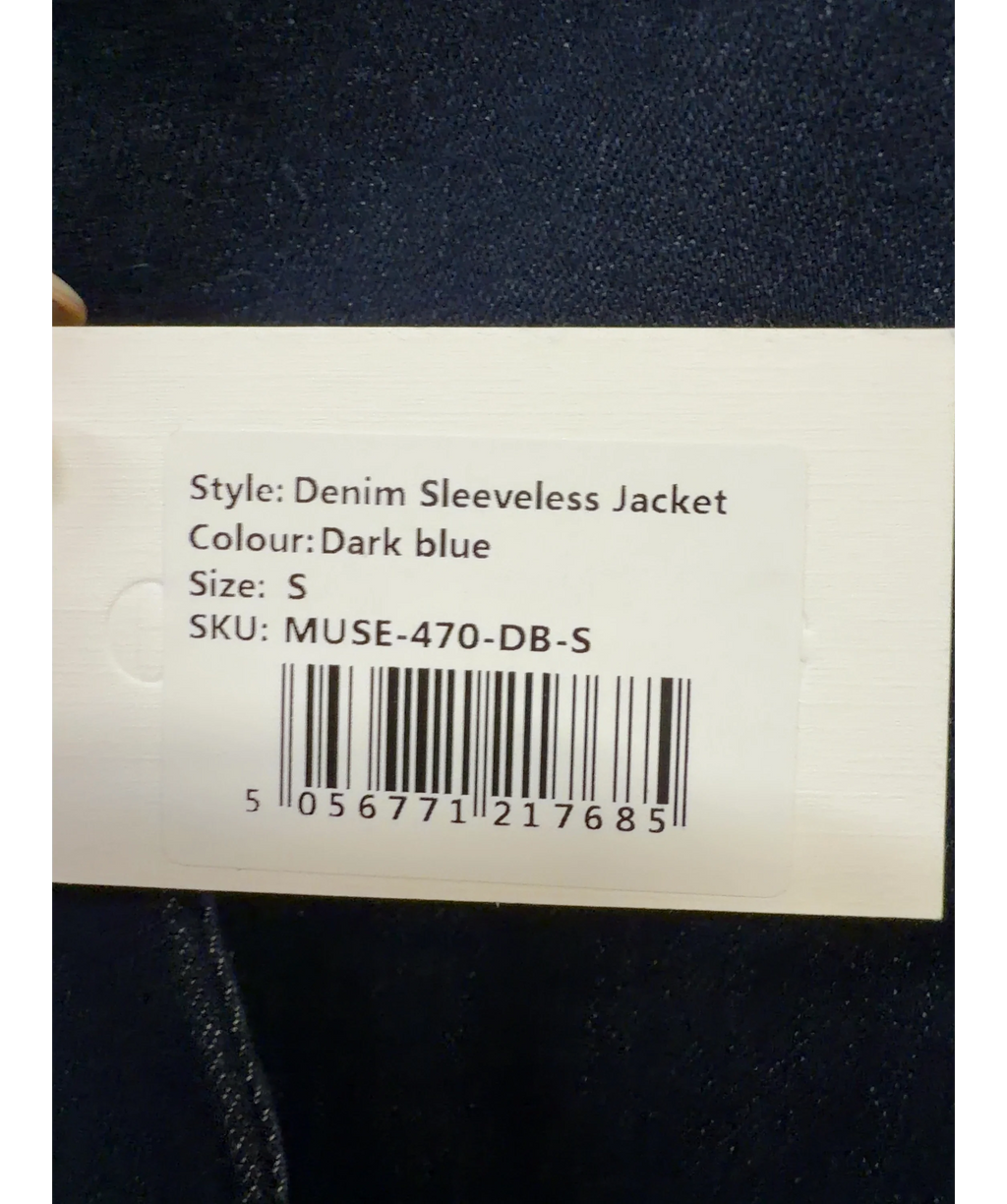 ODD MUSE dark blue Denim Sleeveless Jacket, size UK S — label