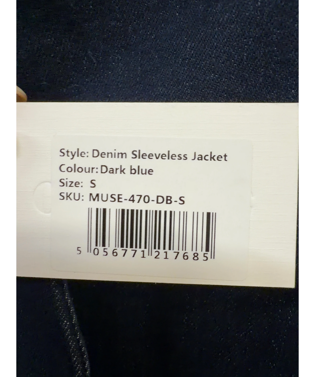 ODD MUSE dark blue Denim Sleeveless Jacket, size UK S — label