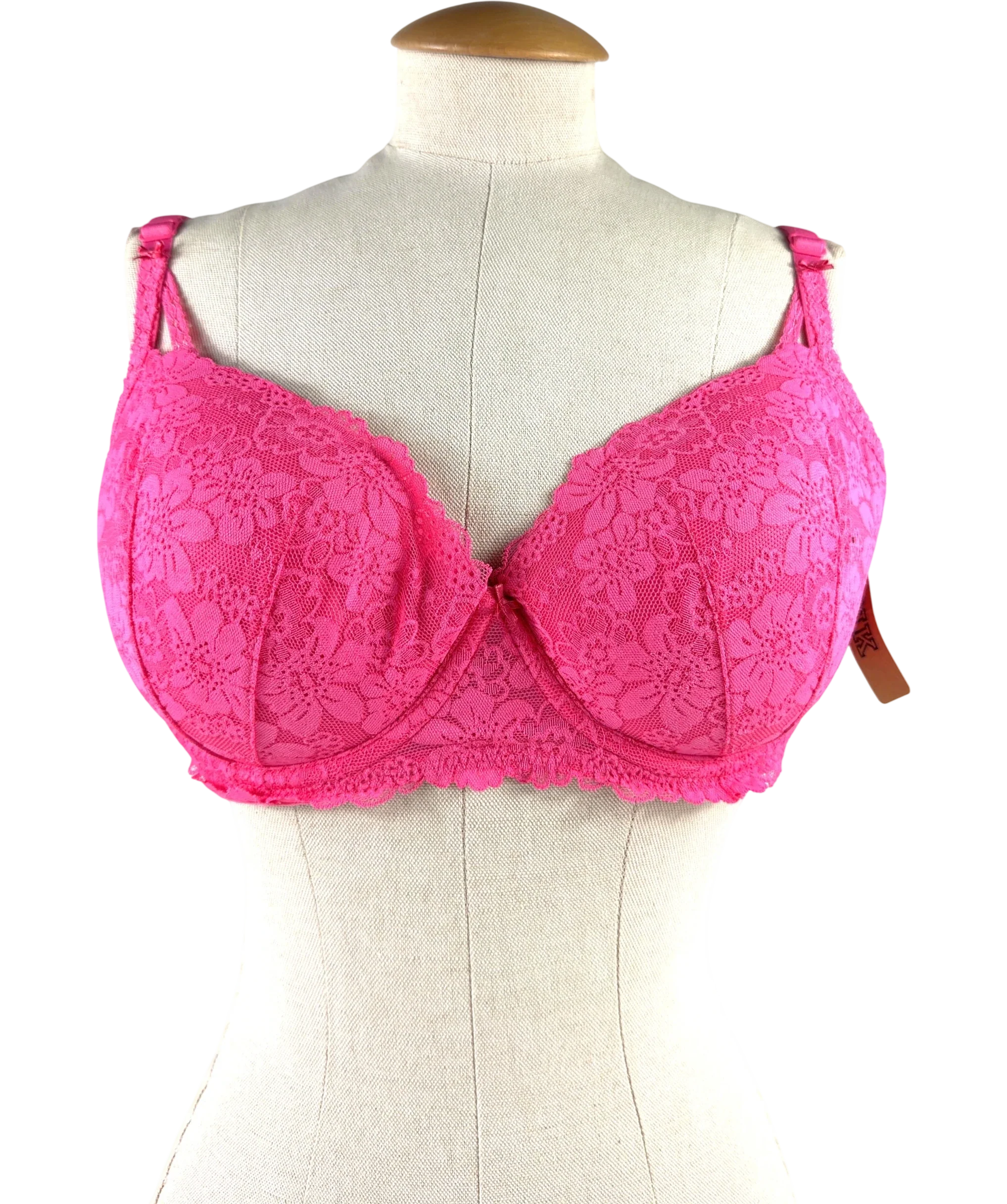 Pink Pink floral lace balcony push-up bra, size UK 36DD — front