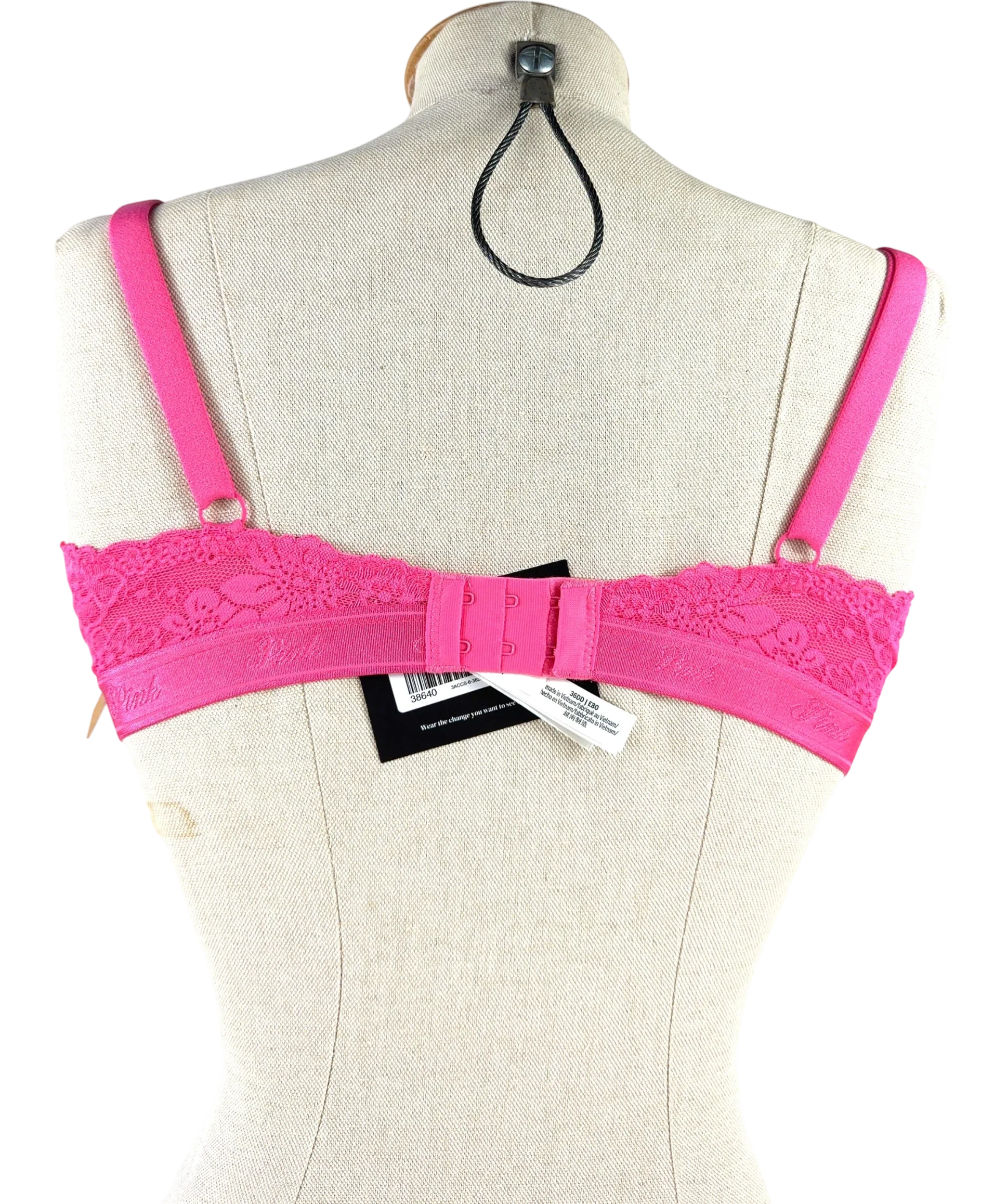 Pink Pink floral lace balcony push-up bra, size UK 36DD — back