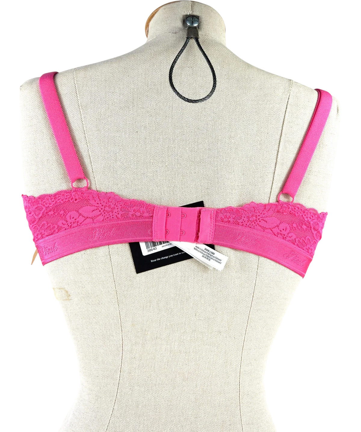 Pink Pink floral lace balcony push-up bra, size UK 36DD — back