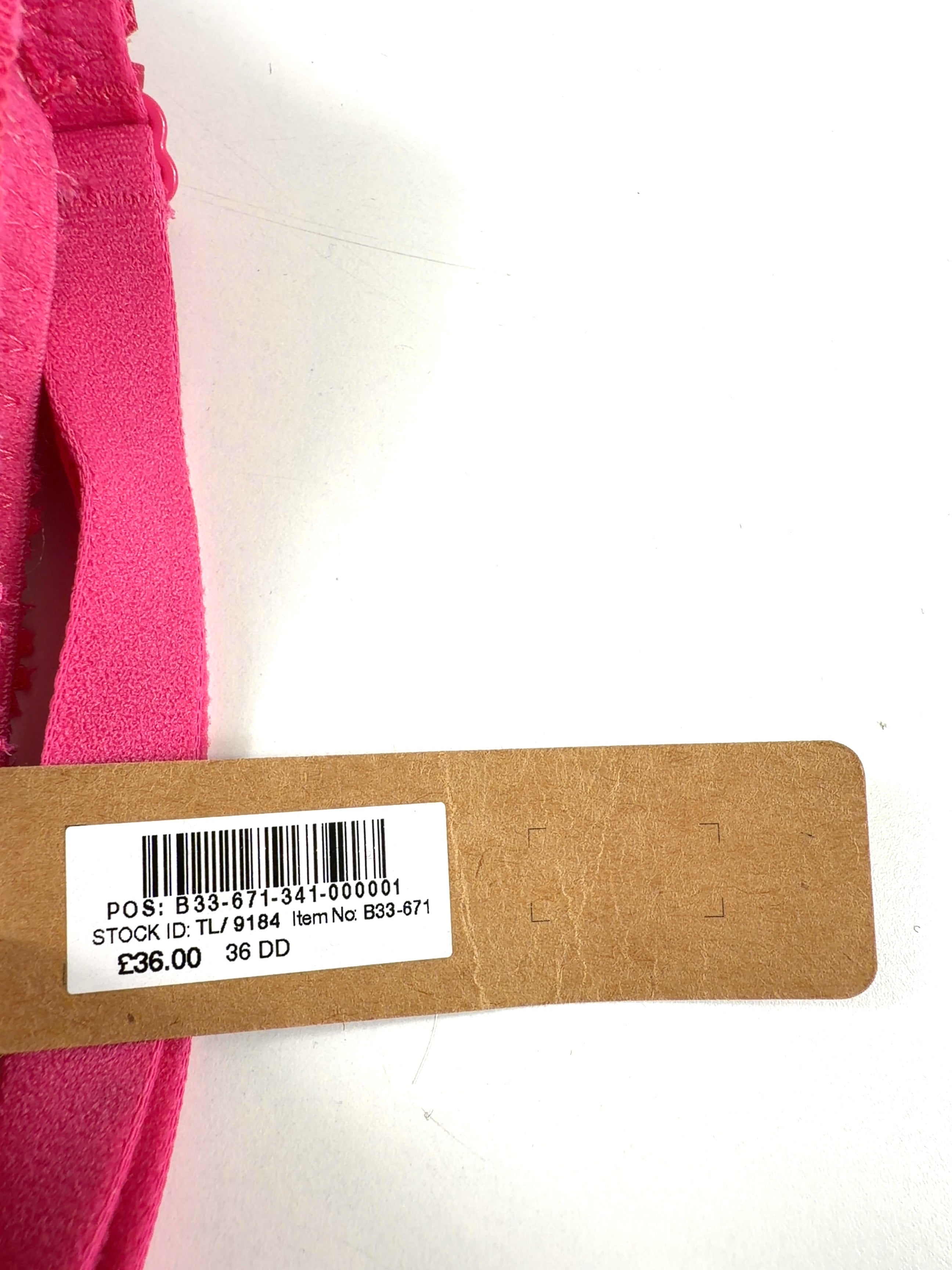Pink Pink floral lace balcony push-up bra, size UK 36DD — label