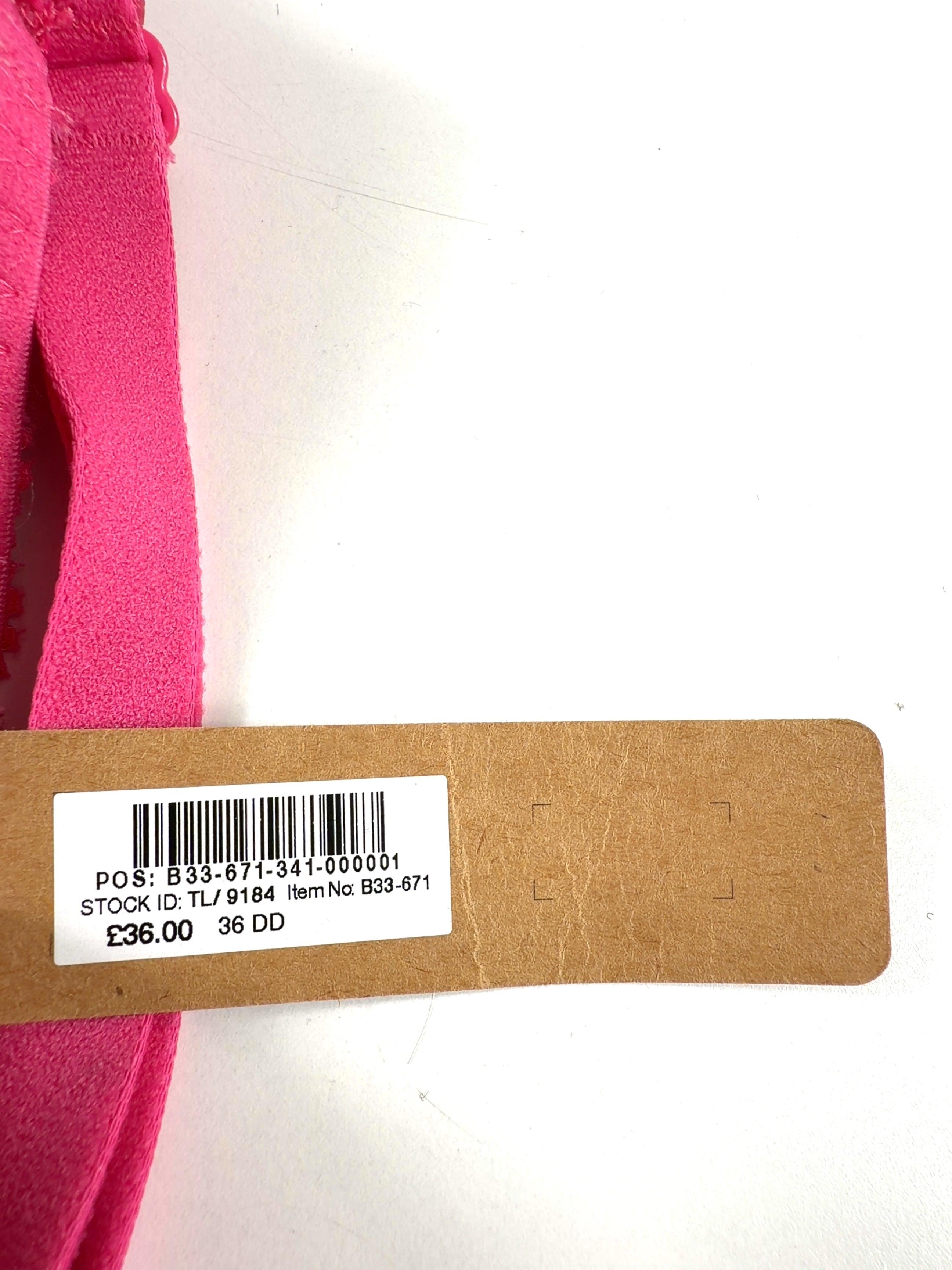 Pink Pink floral lace balcony push-up bra, size UK 36DD — care label