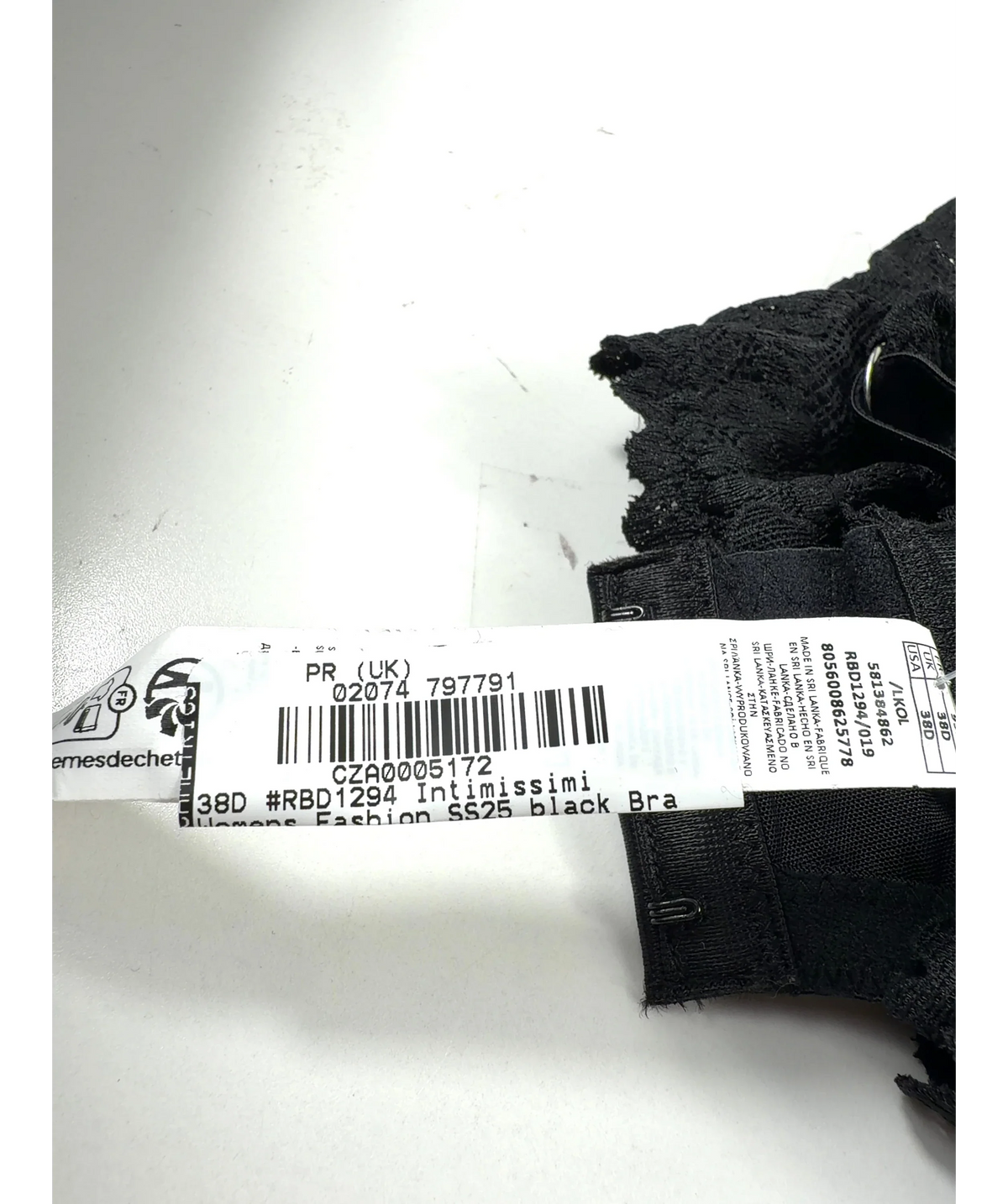 intimissimi Black Pretty Flowers Daniela Balconette Bra, size UK 38D — care label