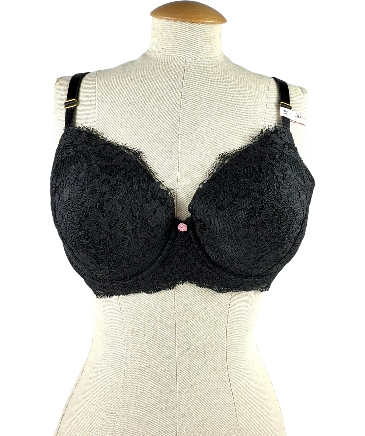 VICTORIA'S SECRET Black Black Lightly Lined Demi Lace Bra, size UK 36DD — front