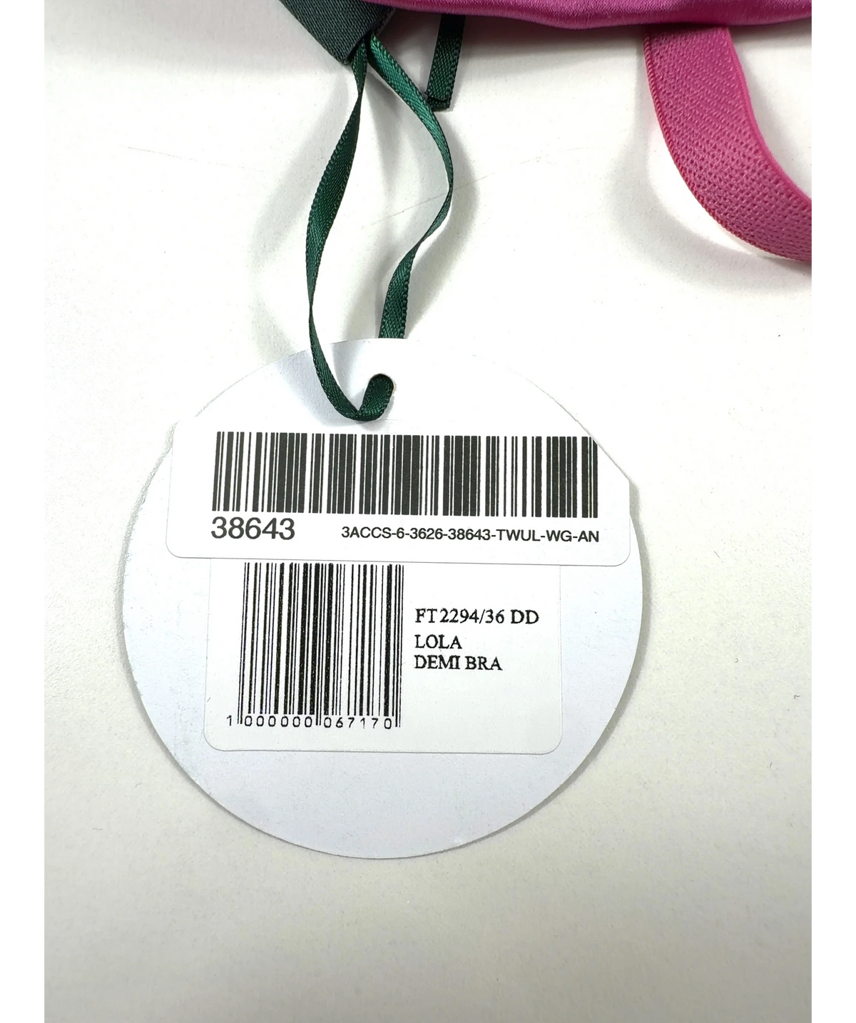 FLEUR OF ENGLAND Pink Lola Pink Demi Bra, size UK 36DD — label