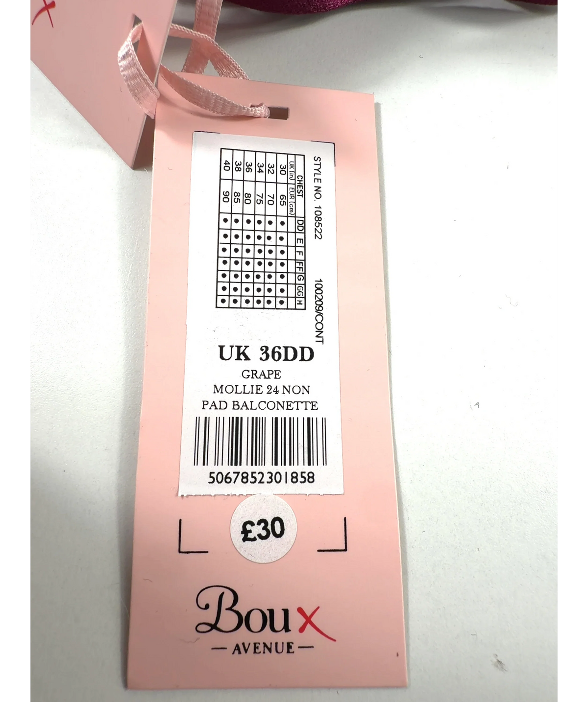 boux avenue Purple Mollie, size UK 36DD — care label