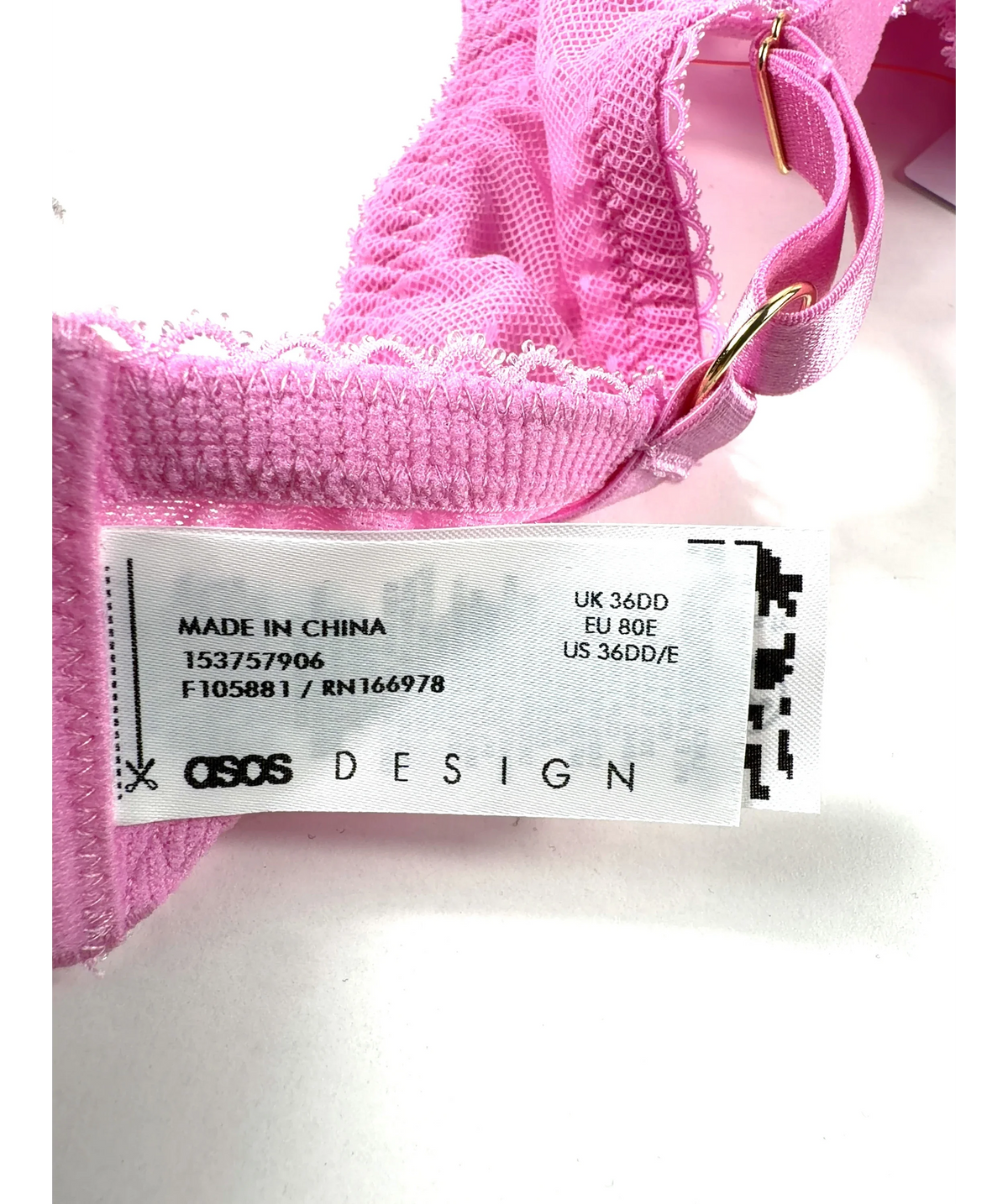 ASOS Pink Fuller Bust Lola Lace Underwired Bra, size UK 36DD — label