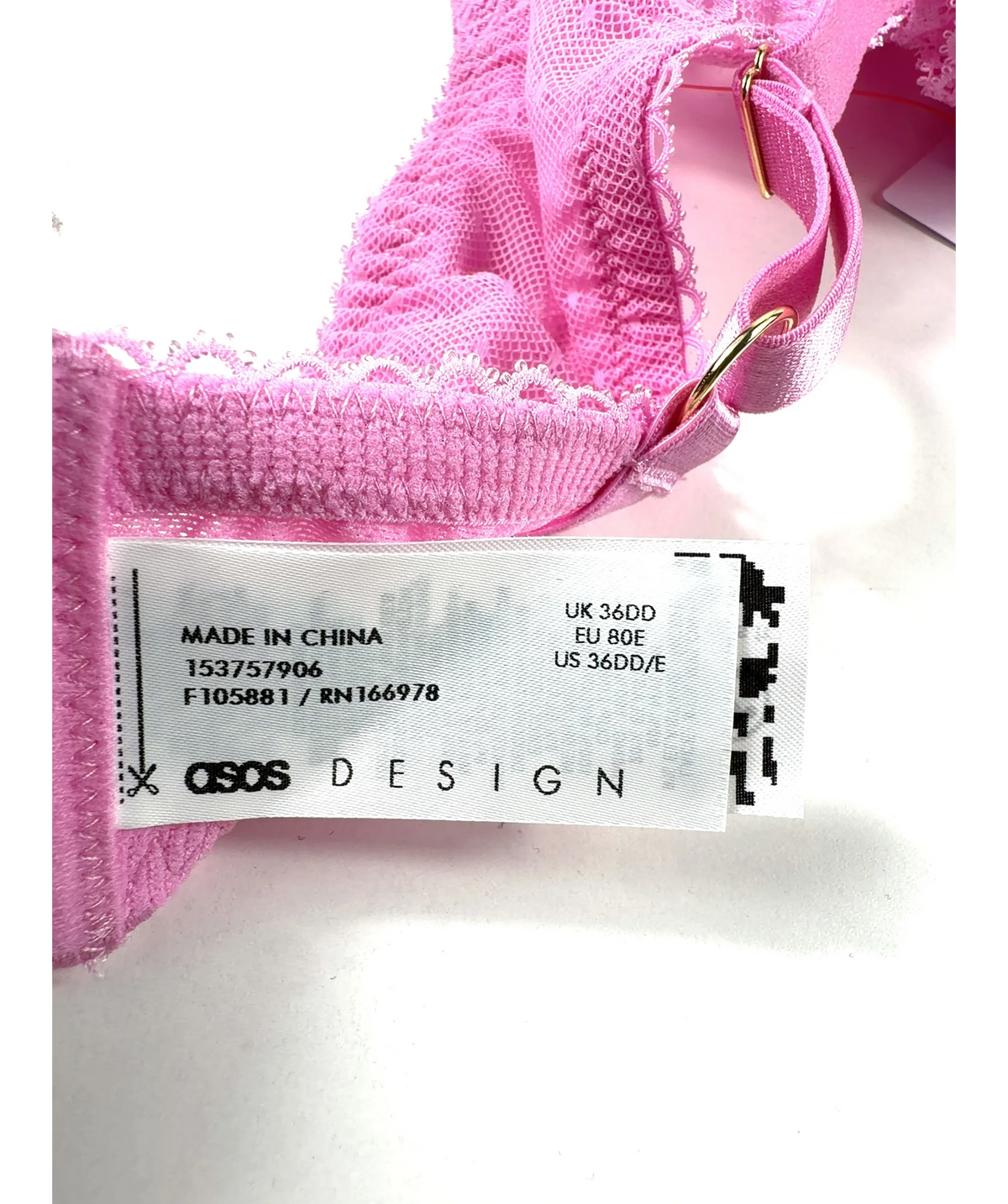 ASOS Pink Fuller Bust Lola Lace Underwired Bra, size UK 36DD — care label