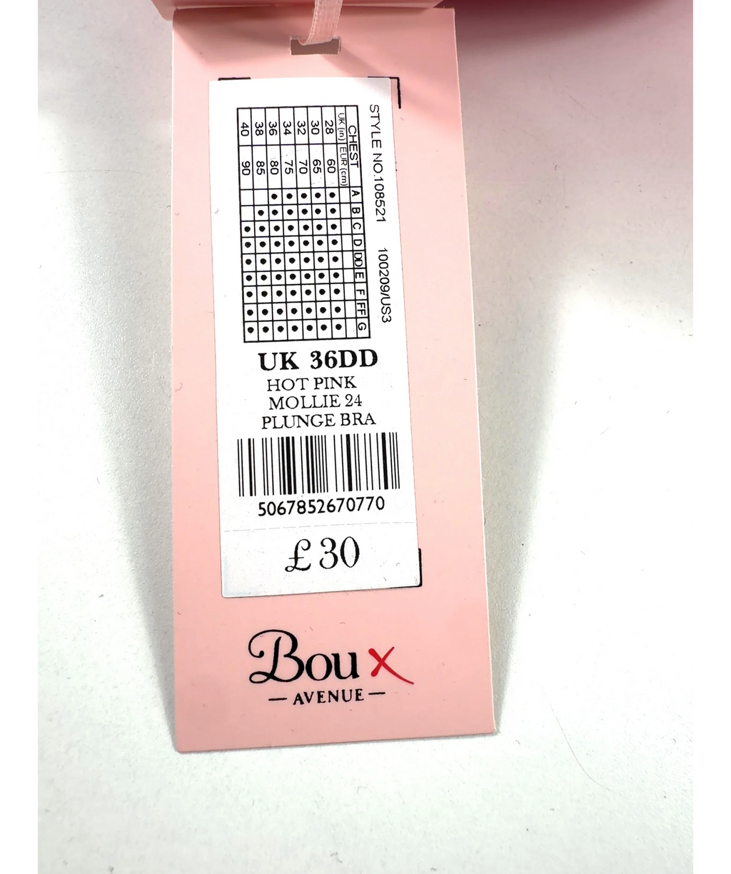 boux avenue Pink Mollie Padded Plunge Bra, size UK 36DD — care label