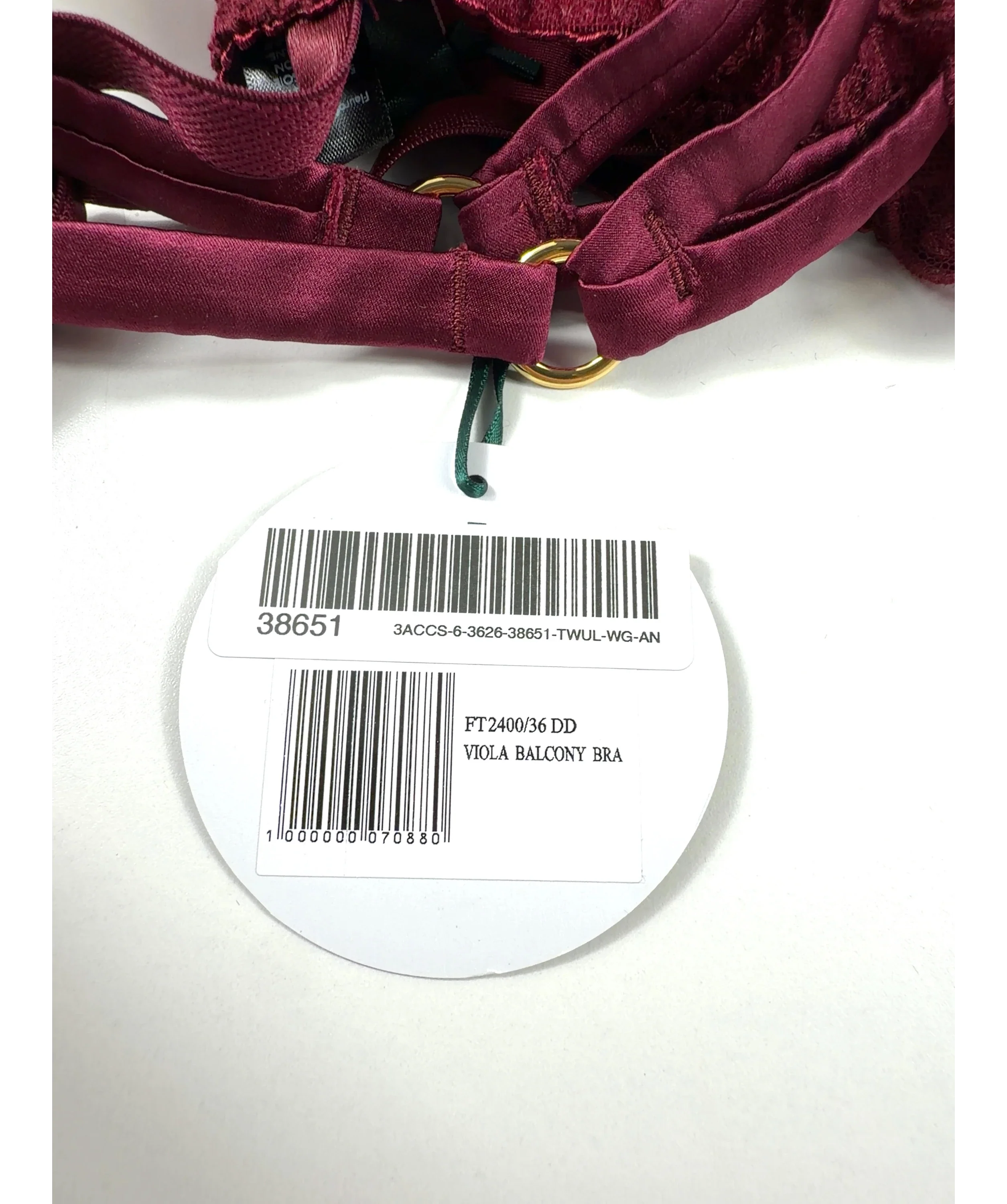 FLEUR OF ENGLAND burgundy Viola Balcony Bra, size UK 36DD — label