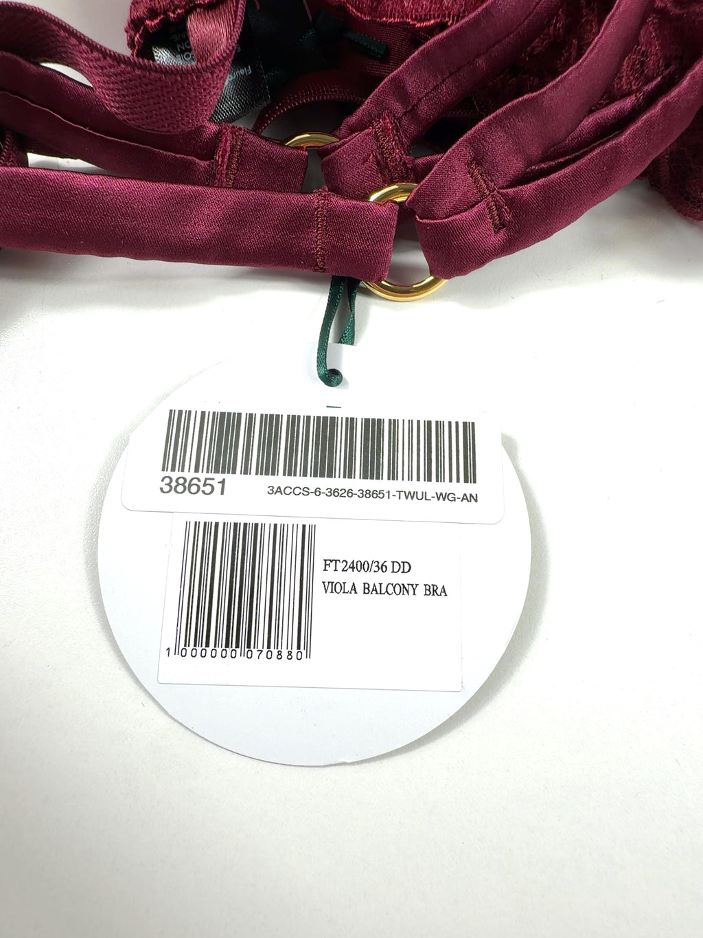 FLEUR OF ENGLAND burgundy Viola Balcony Bra, size UK 36DD — care label