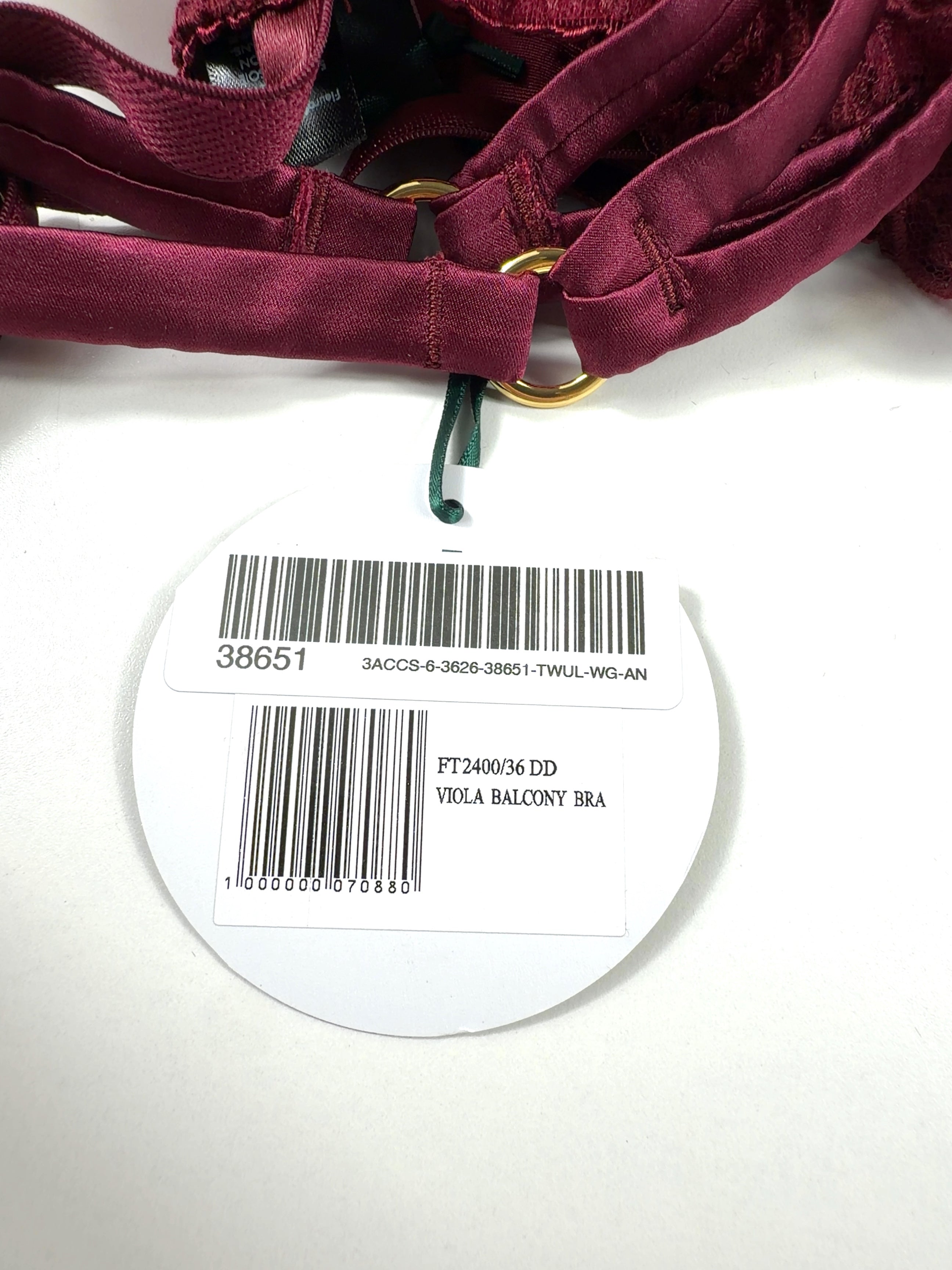 FLEUR OF ENGLAND burgundy Viola Balcony Bra, size UK 36DD — care label
