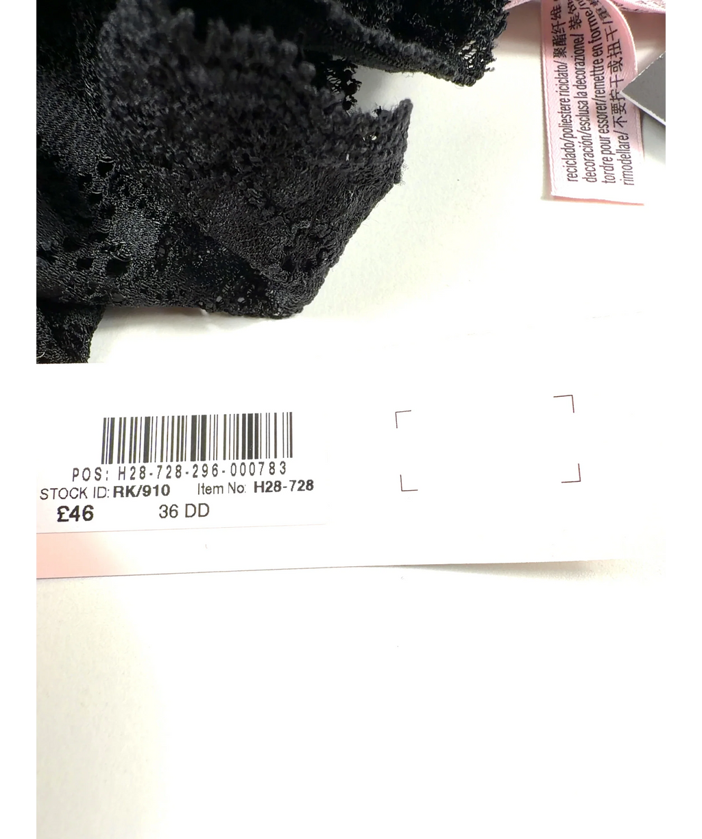VICTORIA'S SECRET Black Unlined Balcony Lace Bra Black, size UK 36DD — label