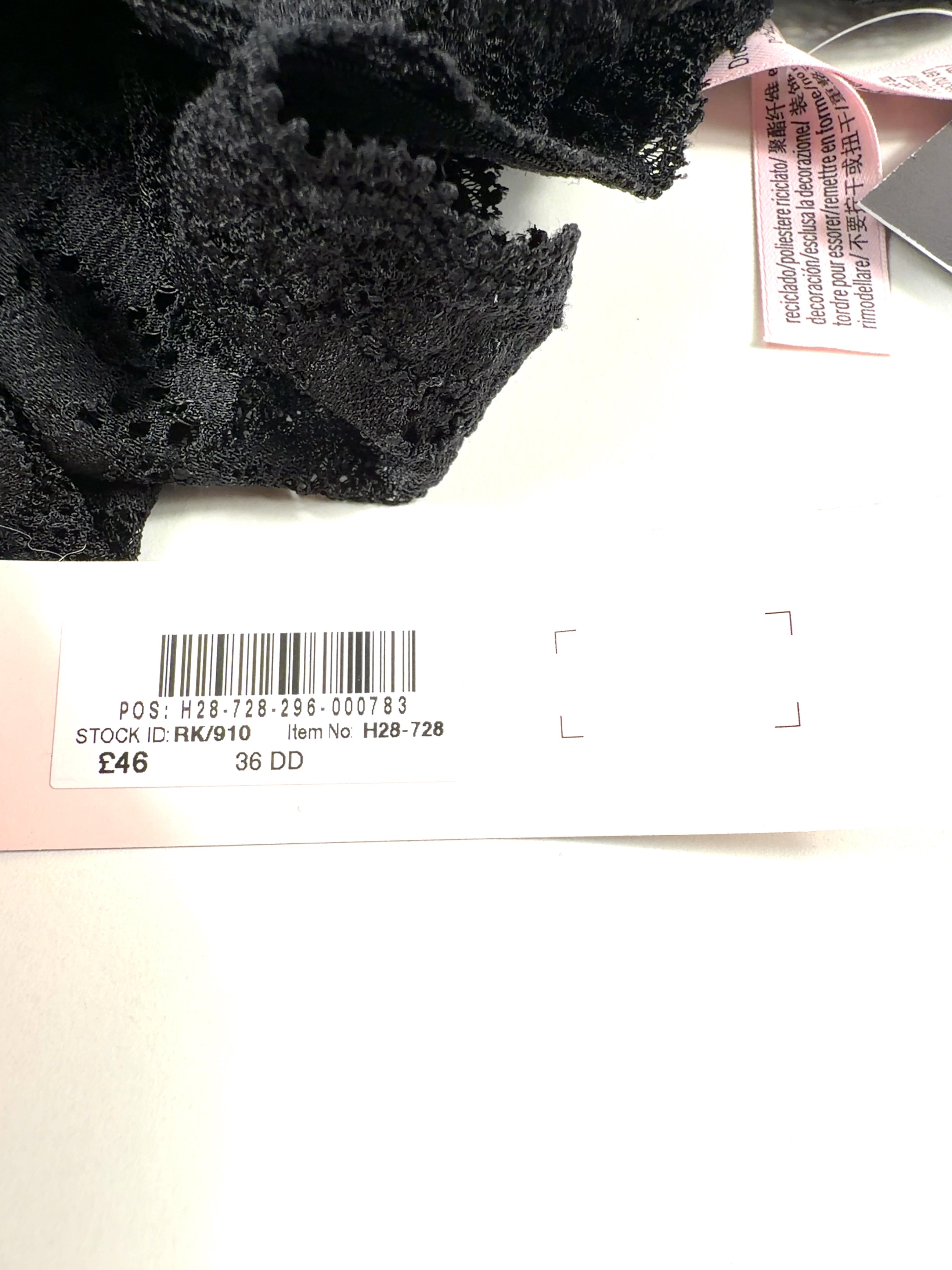 VICTORIA'S SECRET Black Unlined Balcony Lace Bra Black, size UK 36DD — care label