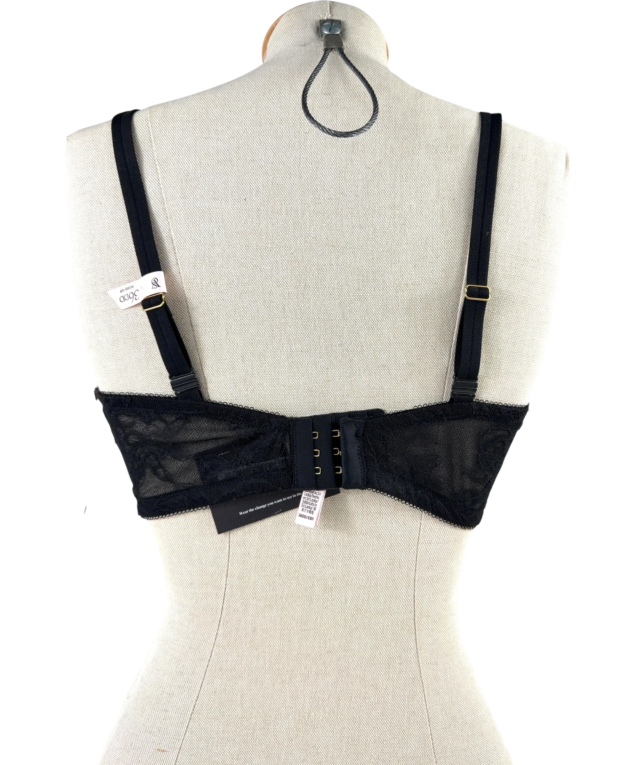 VICTORIA'S SECRET Black Push-Up Lace Bra, size UK 36DD — back
