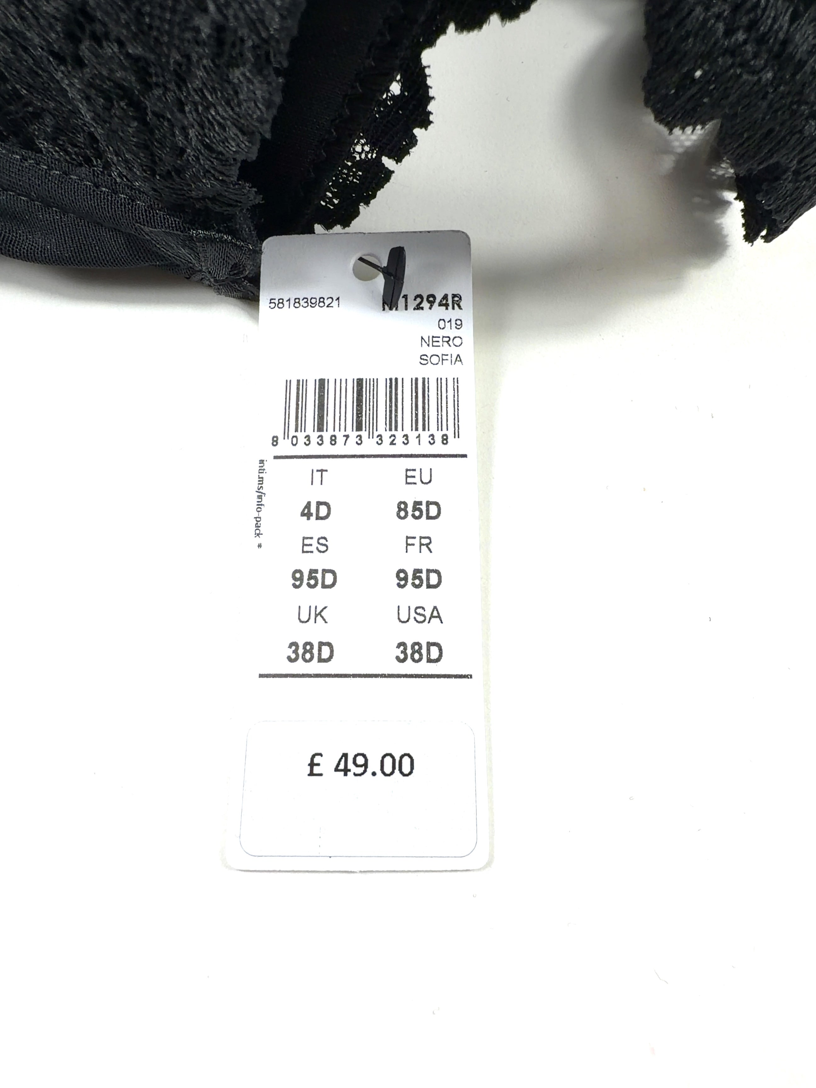 intimissimi Black Sofia Balconette Bra, size UK 38D — care label