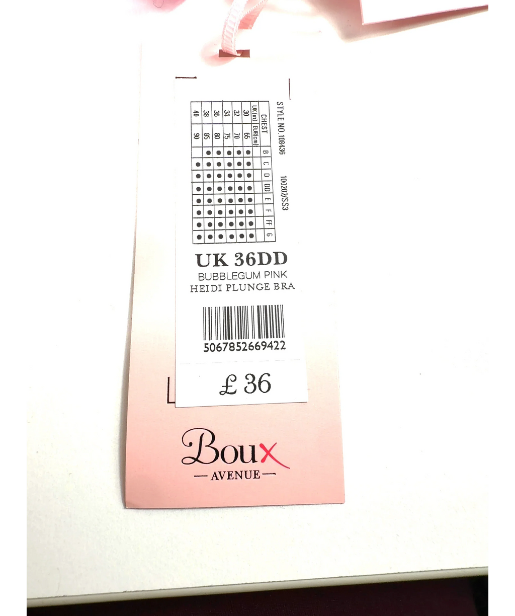 boux avenue Pink HEIDI PLUNGE BRA, size UK 36DD — care label