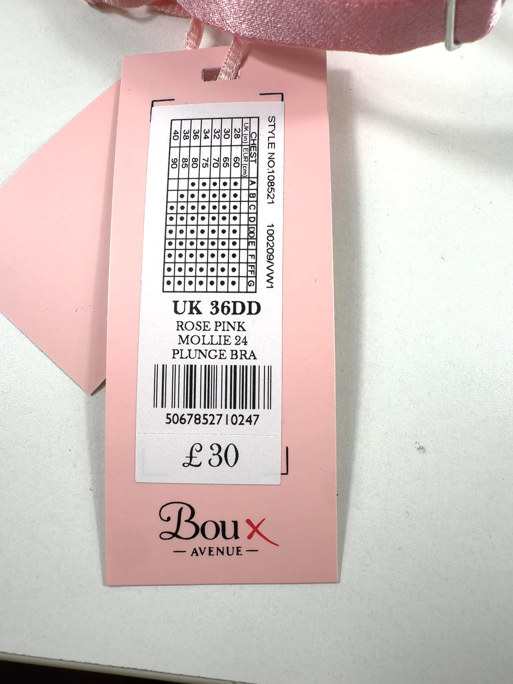 boux avenue Pink Mollie, size UK 36DD — care label