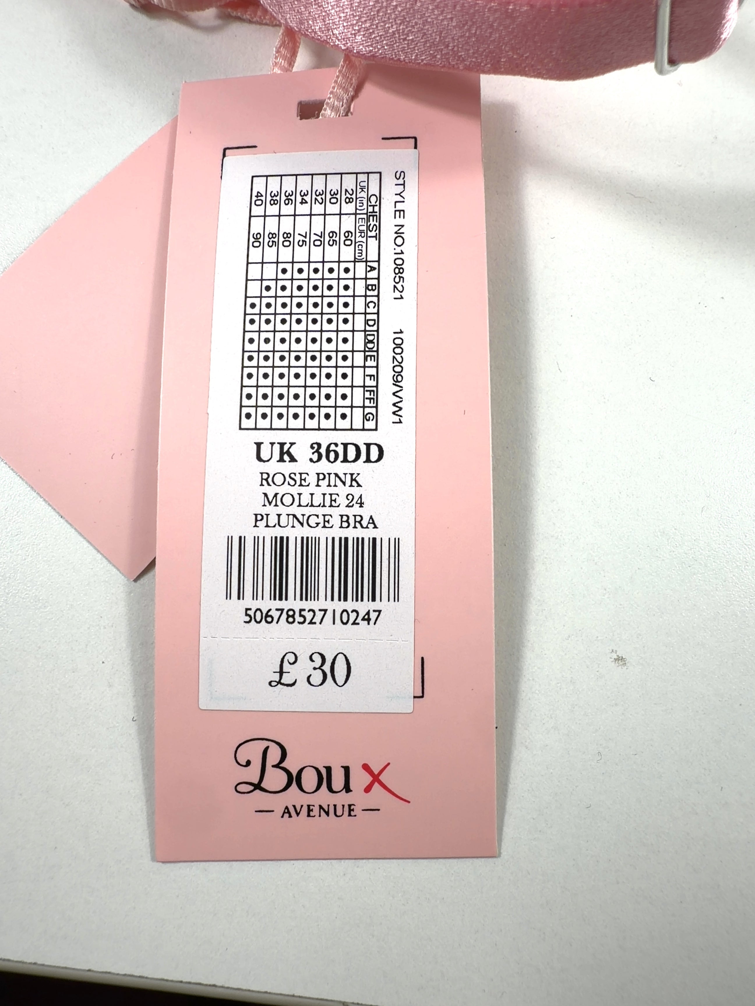 boux avenue Pink Mollie, size UK 36DD — care label