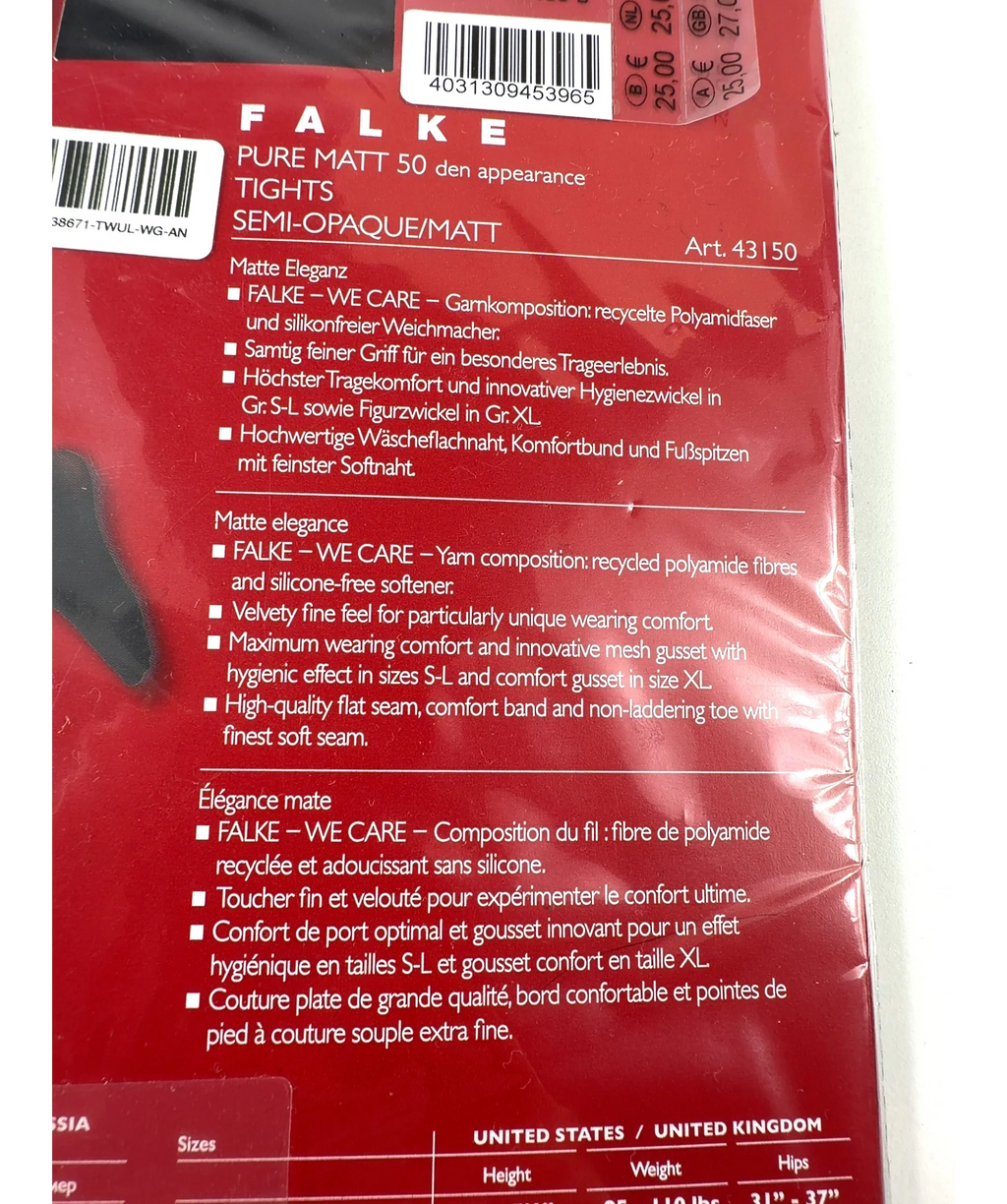 Falke Black PURE MATT 50, size UK S — care label