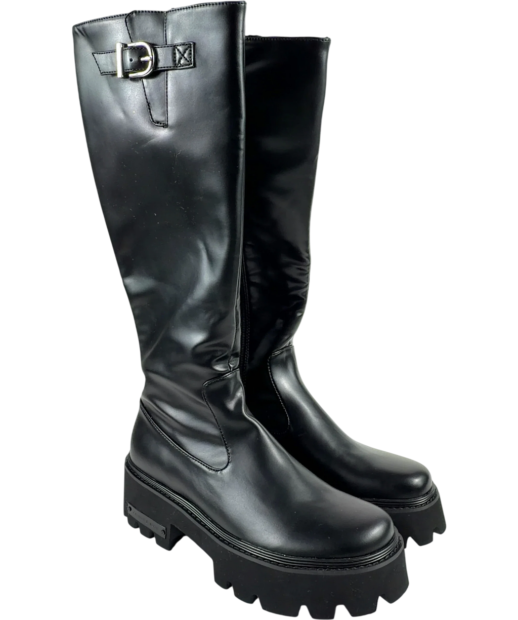 Charles & Keith Black Imogen Side-Buckle Chunky Knee-High Boots, size UK 5 EU 38 👠 — front